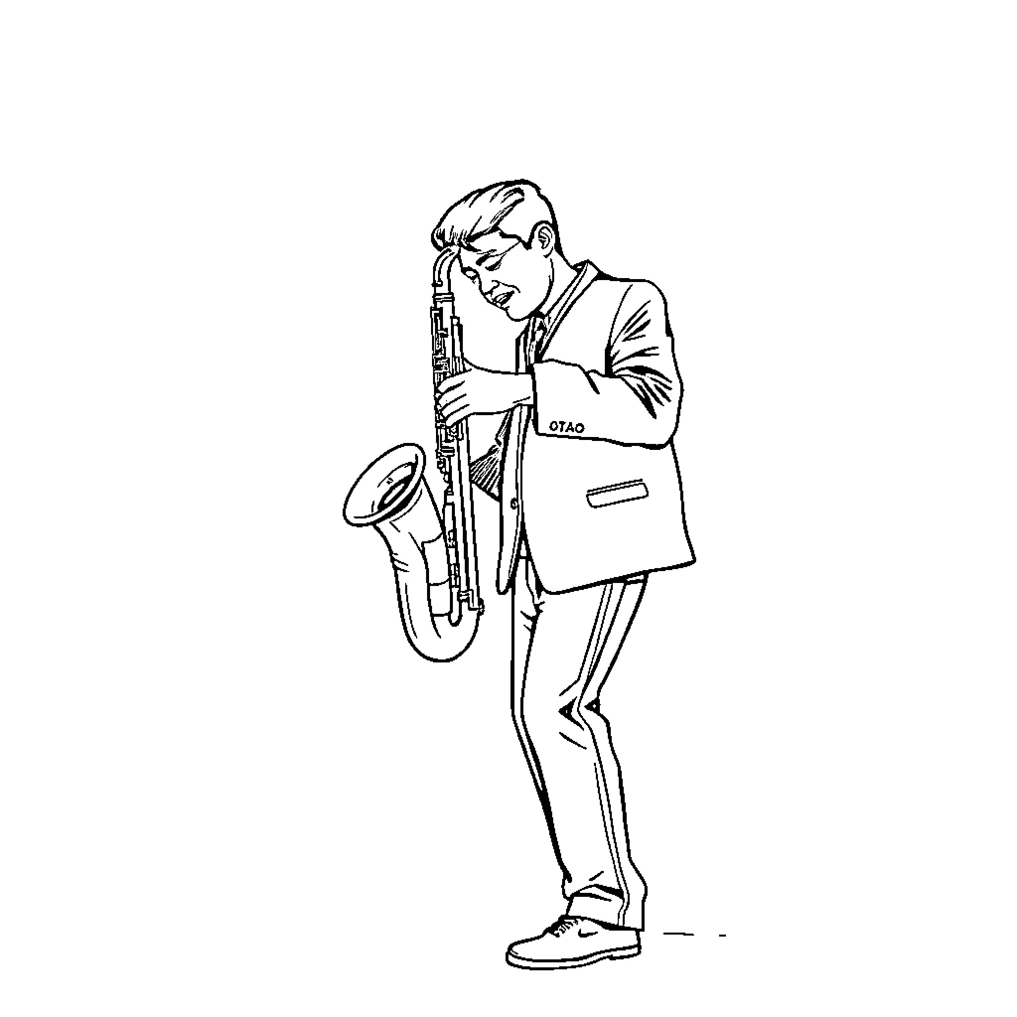 Saxophone player in formal attire Coloring Page (free black-and-white line drawing printable PDF for all, from beginners to advanced learners, including children, teens, adults, and seniors)