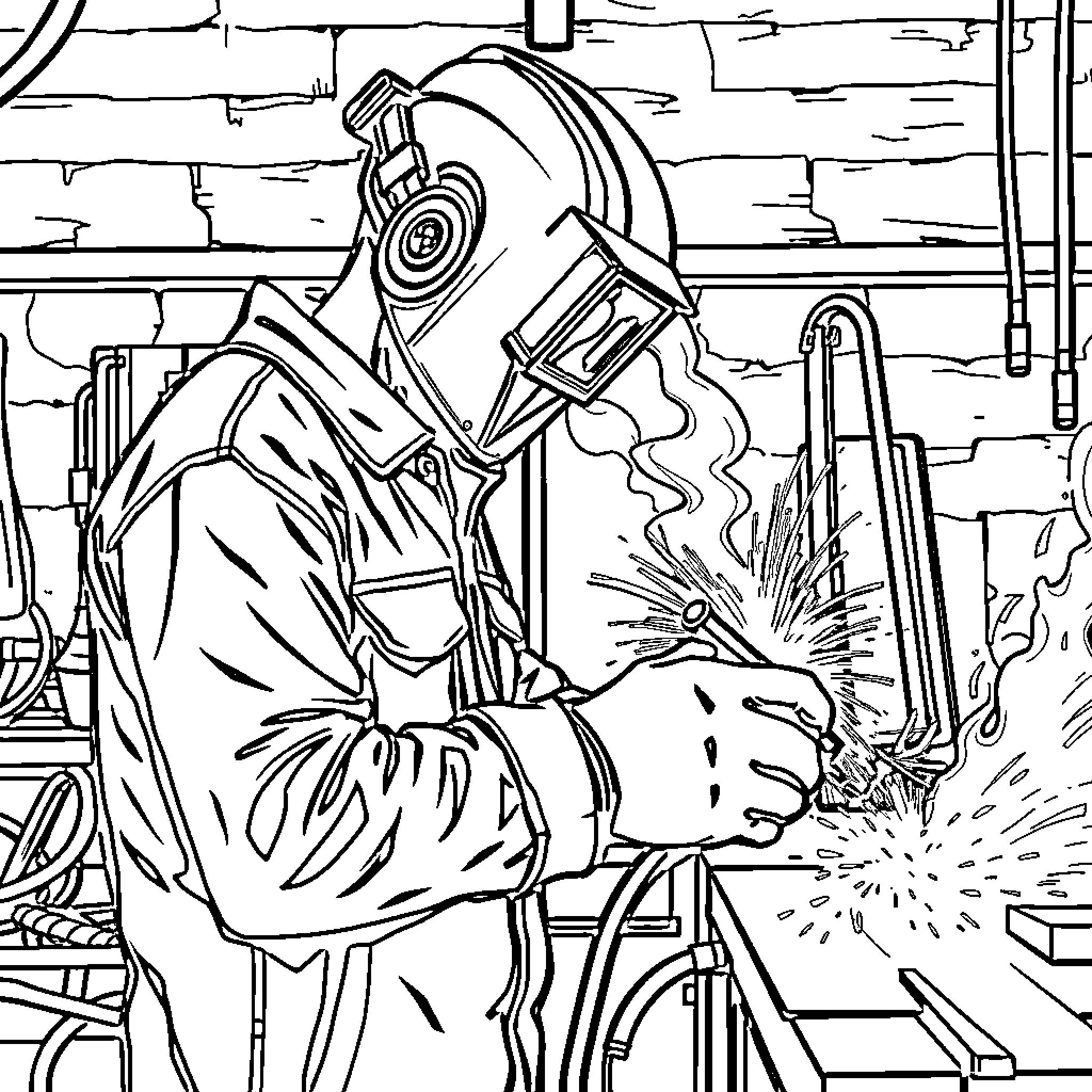 Man operating welding equipment in industrial setting Coloring Page (free black-and-white line drawing printable PDF for all, from beginners to advanced learners, including children, teens, adults, and seniors)