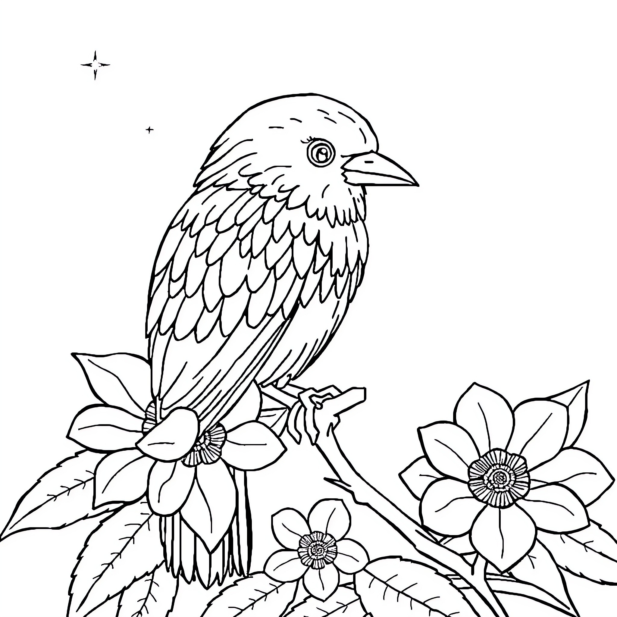 Fruit Bird perched among Floral Blooms Coloring Page (free black-and-white line drawing printable PDF for all, from beginners to advanced learners, including children, teens, adults, and seniors)