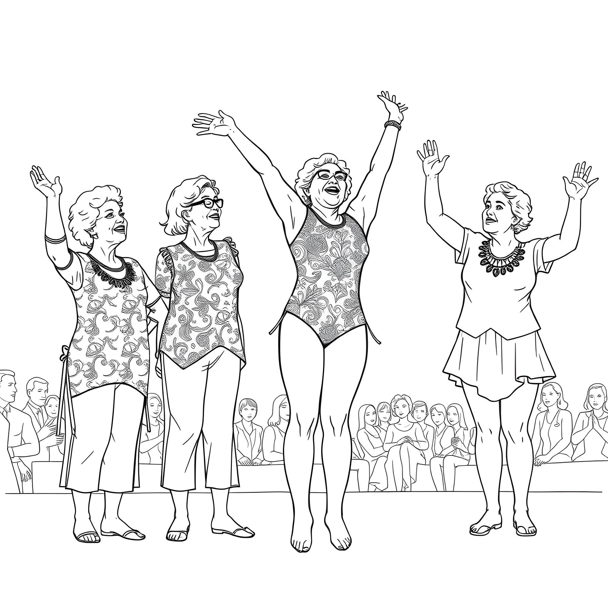 Gymnastics performance by energetic women in colorful outfits Coloring Page (free black-and-white line drawing printable PDF for all, from beginners to advanced learners, including children, teens, adults, and seniors)