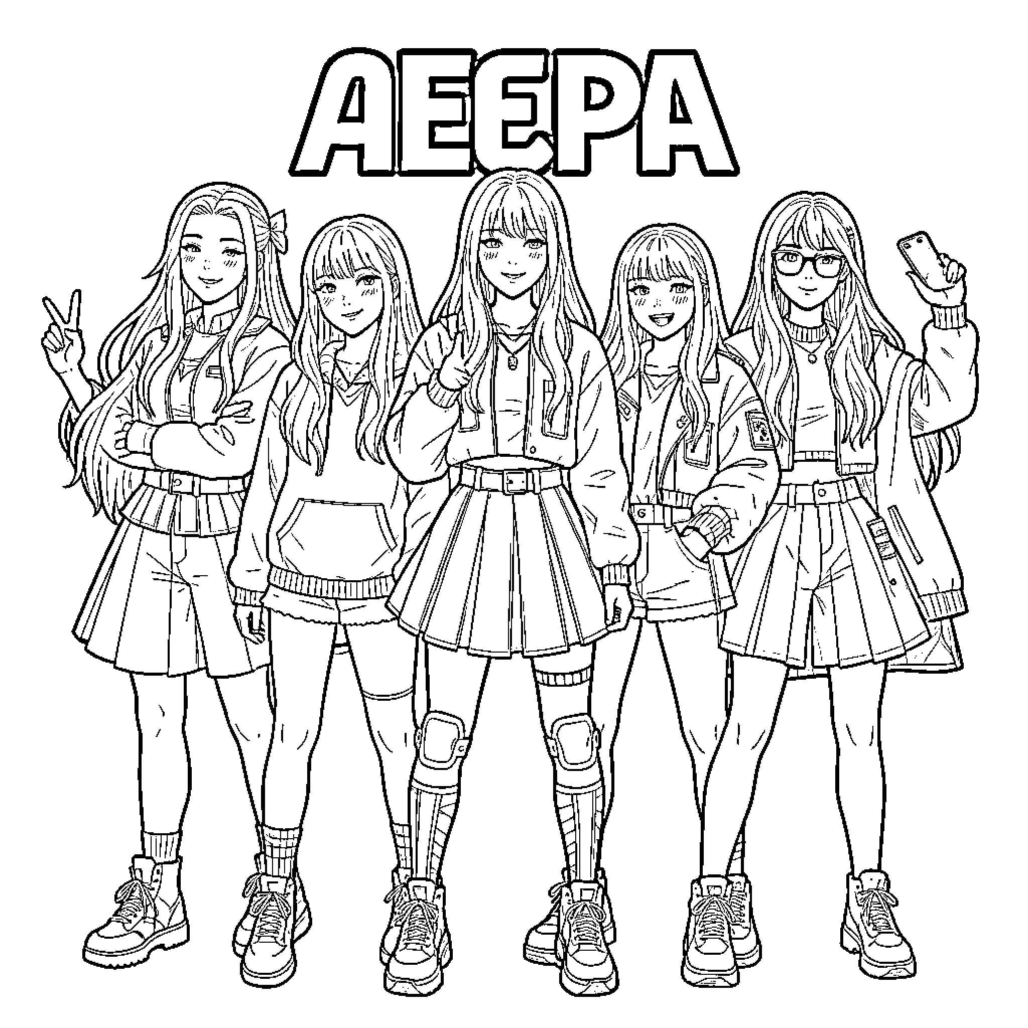 Aespa members posing together in stylish casual outfits Coloring Page (free black-and-white line drawing printable PDF for all, from beginners to advanced learners, including children, teens, adults, and seniors)
