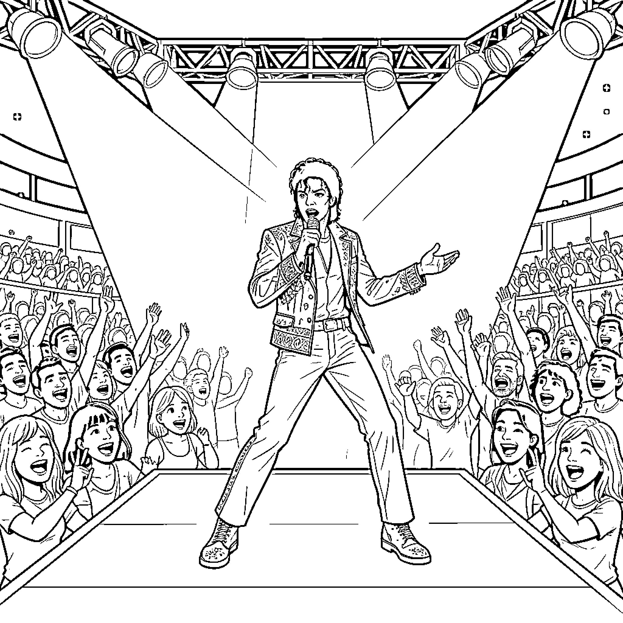 Michael Jackson performing on stage for a cheering crowd Coloring Page (free black-and-white line drawing printable PDF for all, from beginners to advanced learners, including children, teens, adults, and seniors)