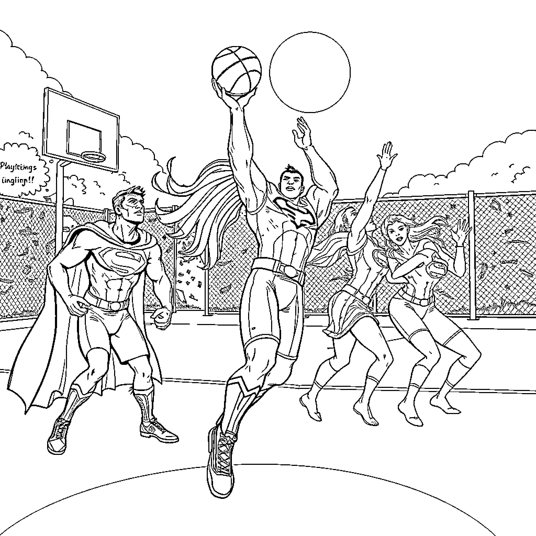Justice League Members Playing Basketball in the Gym Coloring Page (free black-and-white line drawing printable PDF for all, from beginners to advanced learners, including children, teens, adults, and seniors)