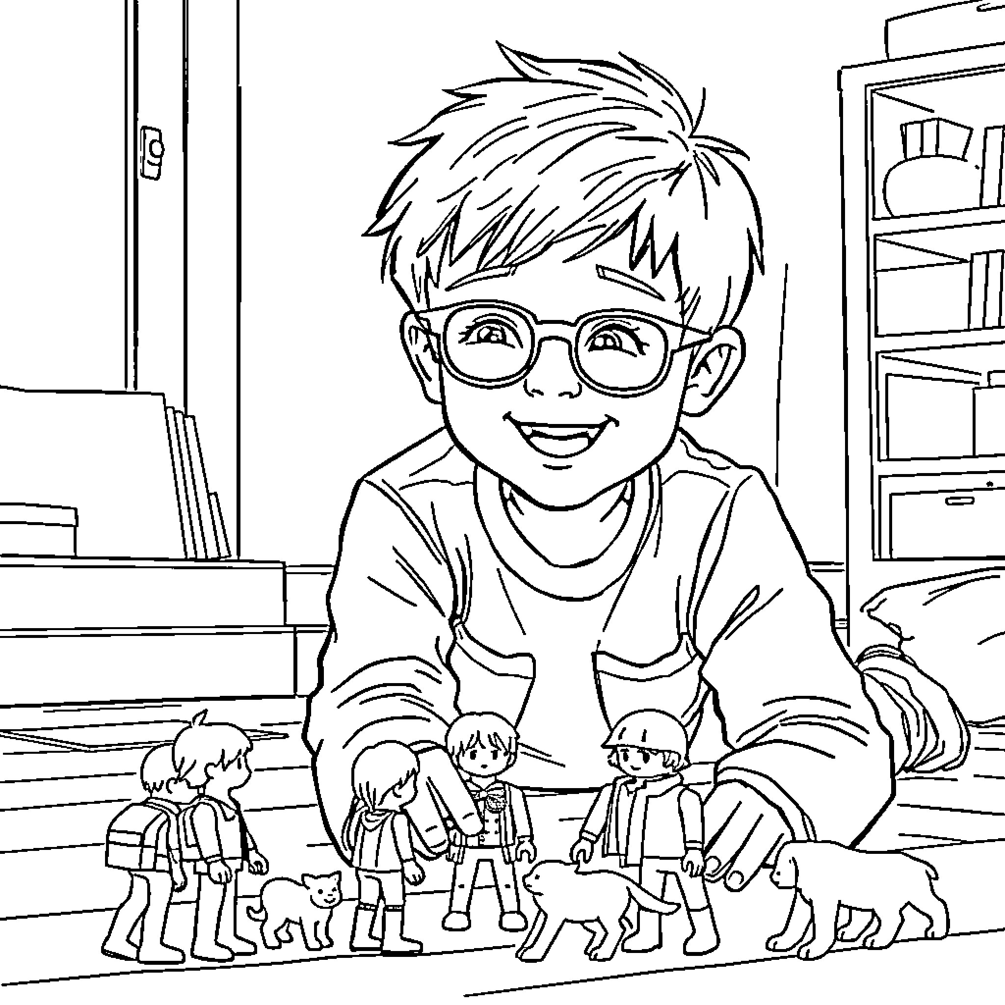 Boy playing joyfully with toy figurines Coloring Page (free black-and-white line drawing printable PDF for all, from beginners to advanced learners, including children, teens, adults, and seniors)