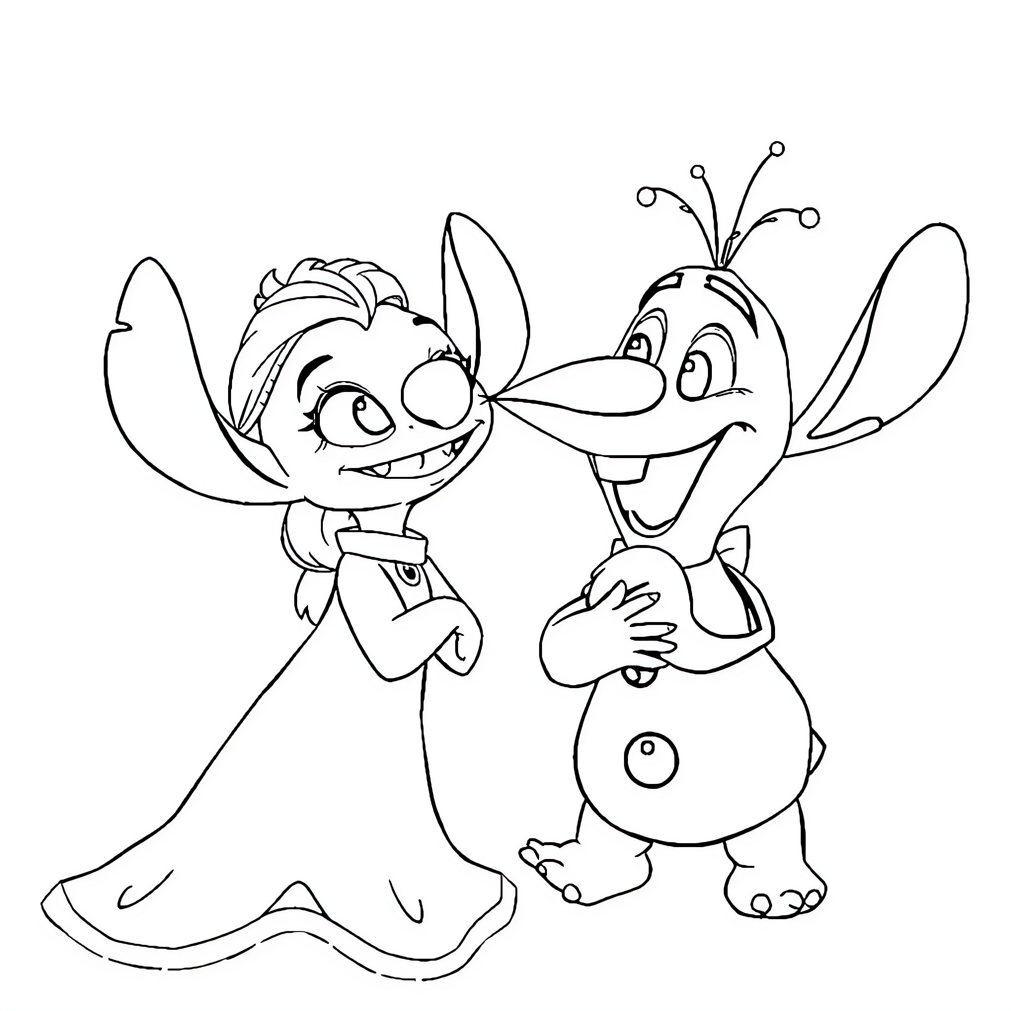 Reine des Neiges: Playful characters in whimsical outfits Coloring Page (free black-and-white line drawing printable PDF for all, from beginners to advanced learners, including children, teens, adults, and seniors)