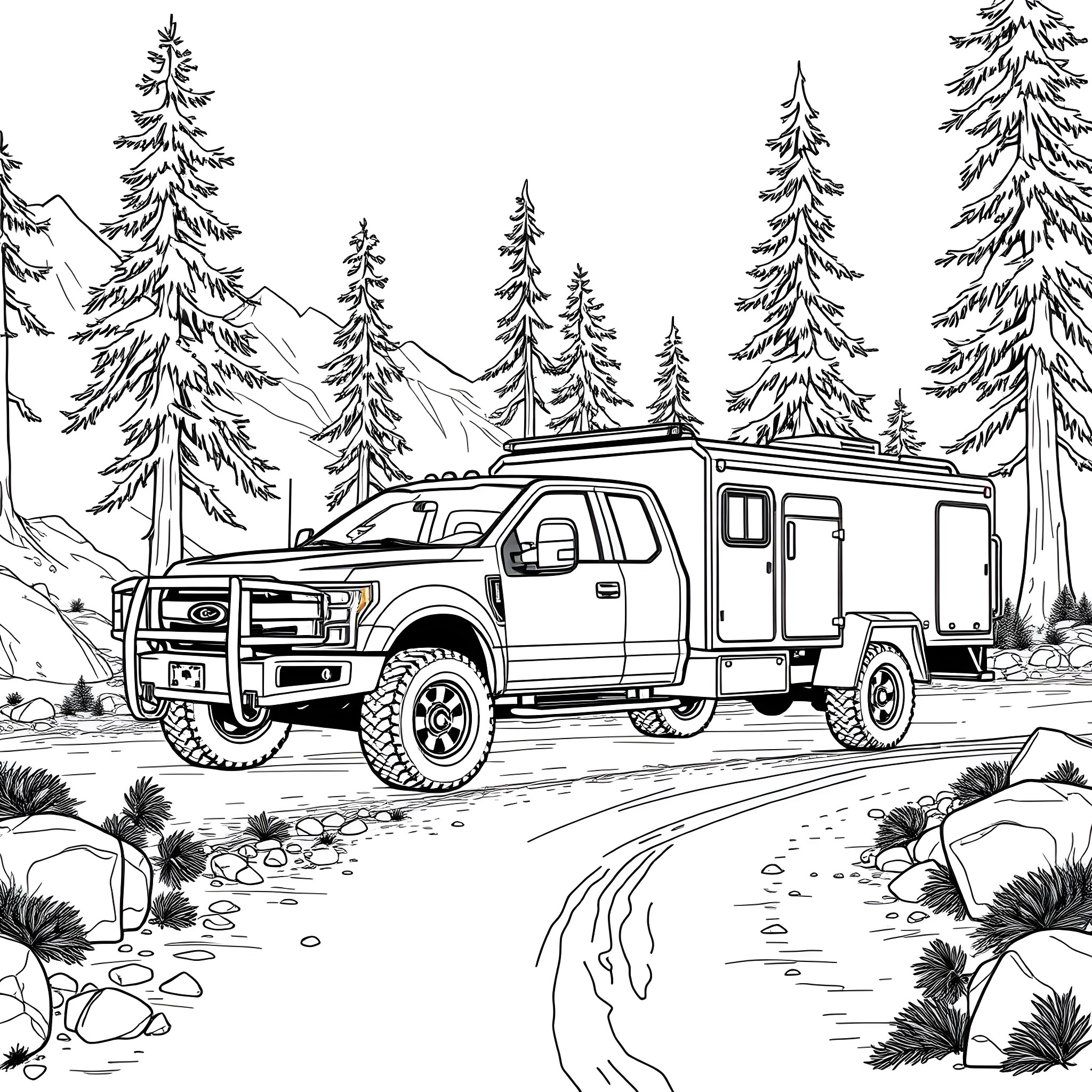 Truck travels through snowy forest adventure scene Coloring Page (free black-and-white line drawing printable PDF for all, from beginners to advanced learners, including children, teens, adults, and seniors)