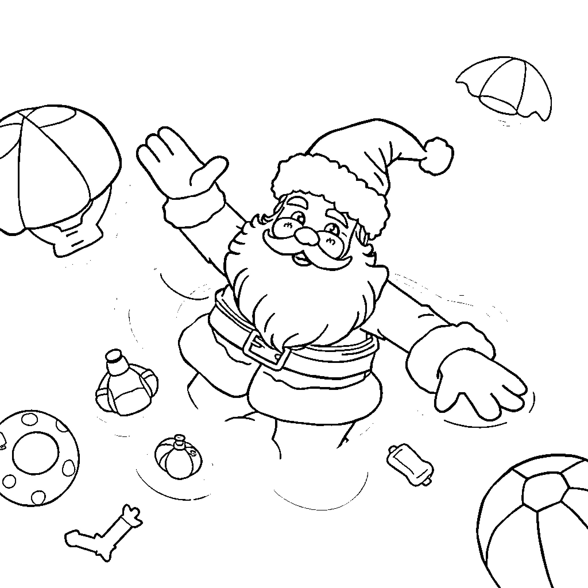 Santa playing with summer toys in the park Coloring Page (free black-and-white line drawing printable PDF for all, from beginners to advanced learners, including children, teens, adults, and seniors)