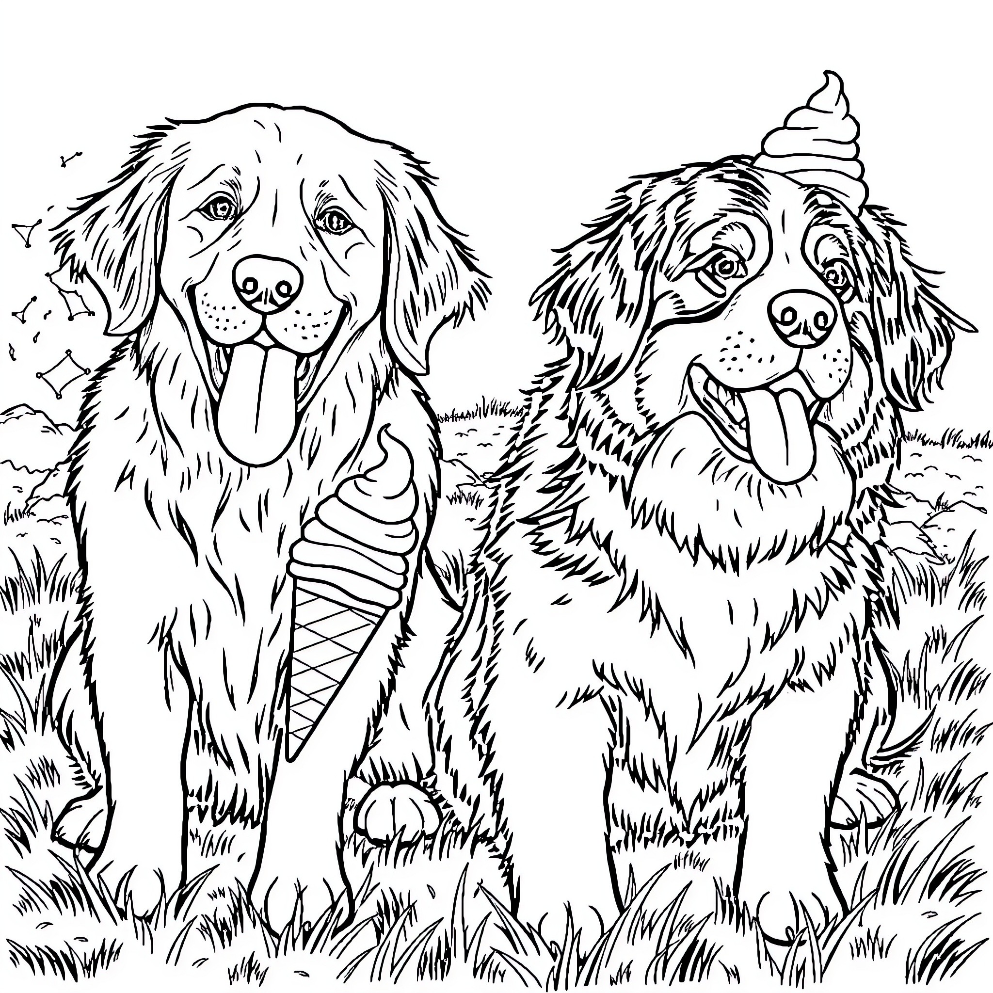 Dogs playing happily with ice cream cones in the grass Coloring Page (free black-and-white line drawing printable PDF for all, from beginners to advanced learners, including children, teens, adults, and seniors)