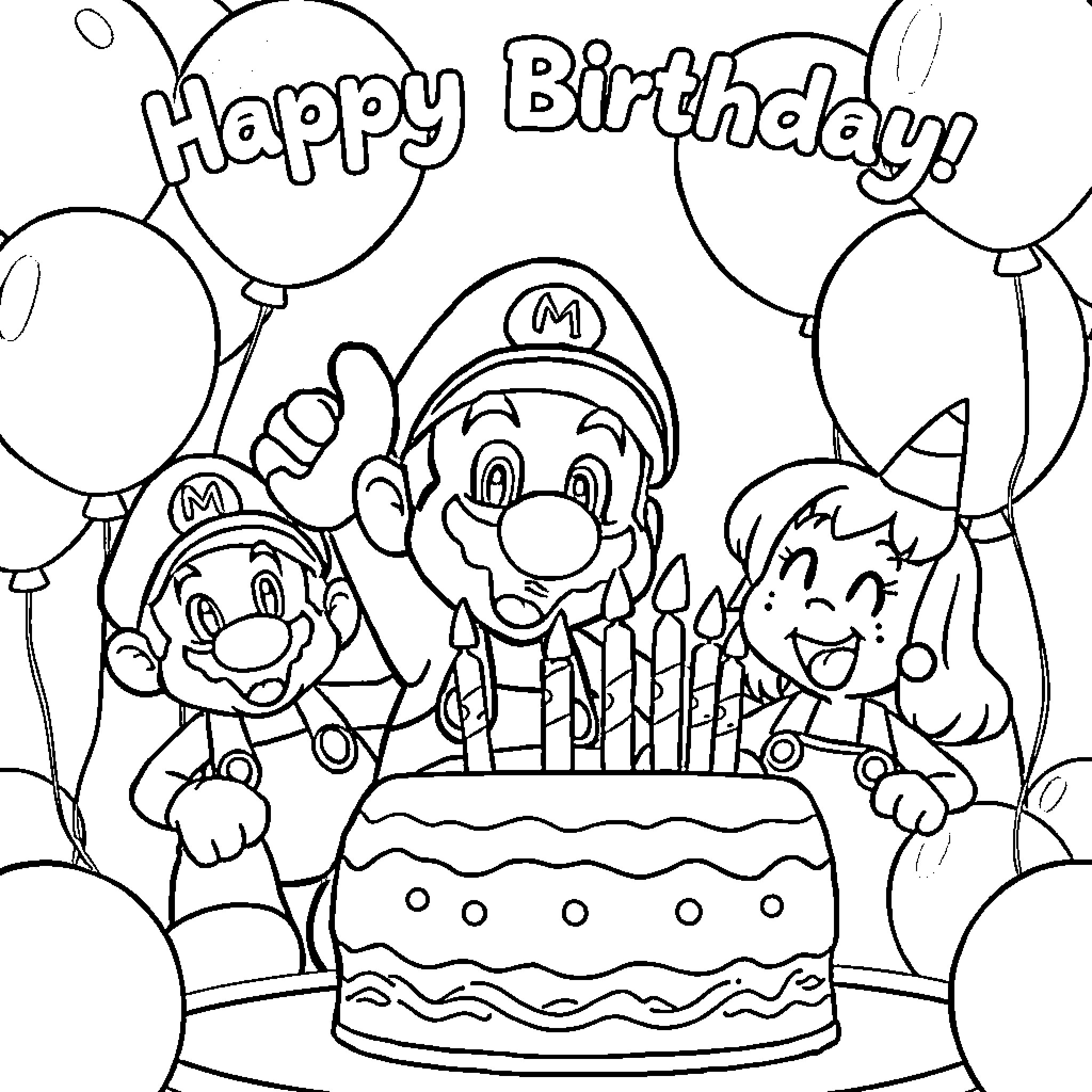 Super Mario Characters Celebrate a Birthday with Balloons Coloring Page (free black-and-white line drawing printable PDF for all, from beginners to advanced learners, including children, teens, adults, and seniors)