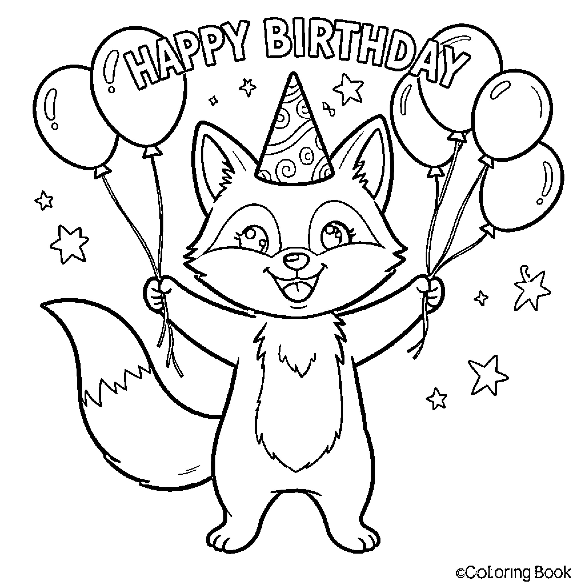 Fox celebrating happy birthday with balloons and party hat Coloring Page (free black-and-white line drawing printable PDF for all, from beginners to advanced learners, including children, teens, adults, and seniors)