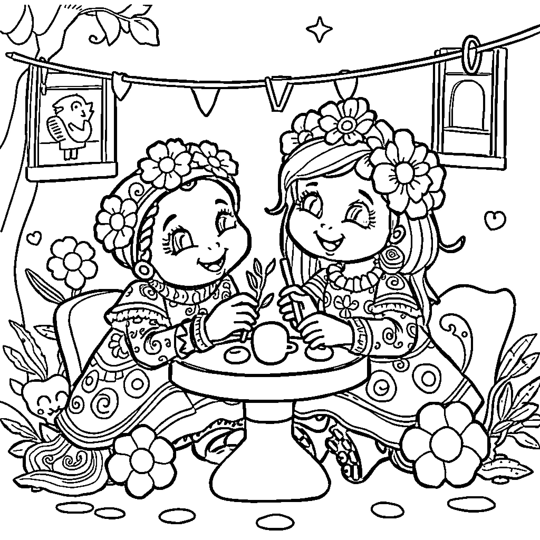 Bluy Flower Friends Enjoying Treats Coloring Page (free black-and-white line drawing printable PDF for all, from beginners to advanced learners, including children, teens, adults, and seniors)