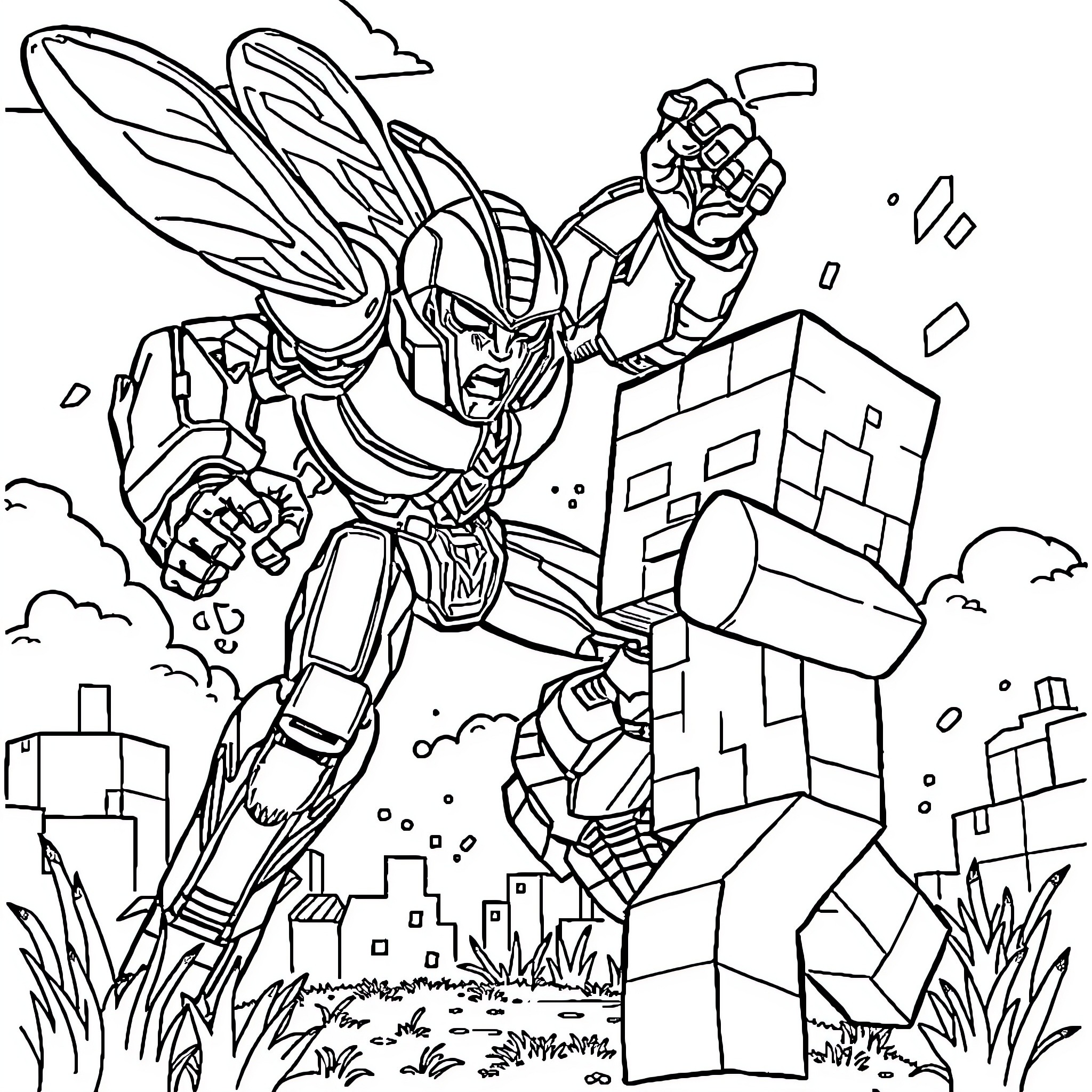 Bumblebee hero saving the city Coloring Page (free black-and-white line drawing printable PDF for all, from beginners to advanced learners, including children, teens, adults, and seniors)