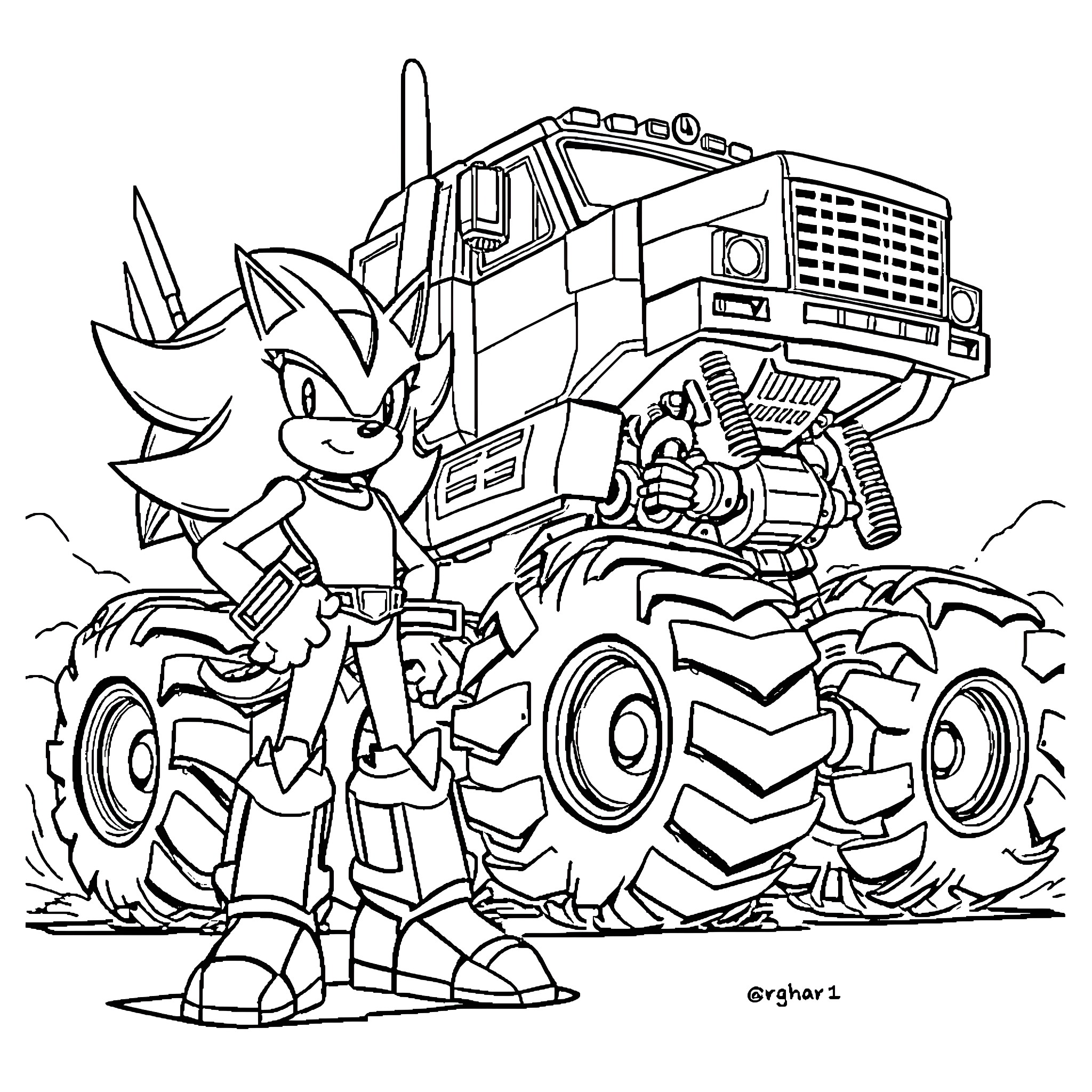 Shadow of a Heroic Robot Monster Truck Coloring Page (free black-and-white line drawing printable PDF for all, from beginners to advanced learners, including children, teens, adults, and seniors)