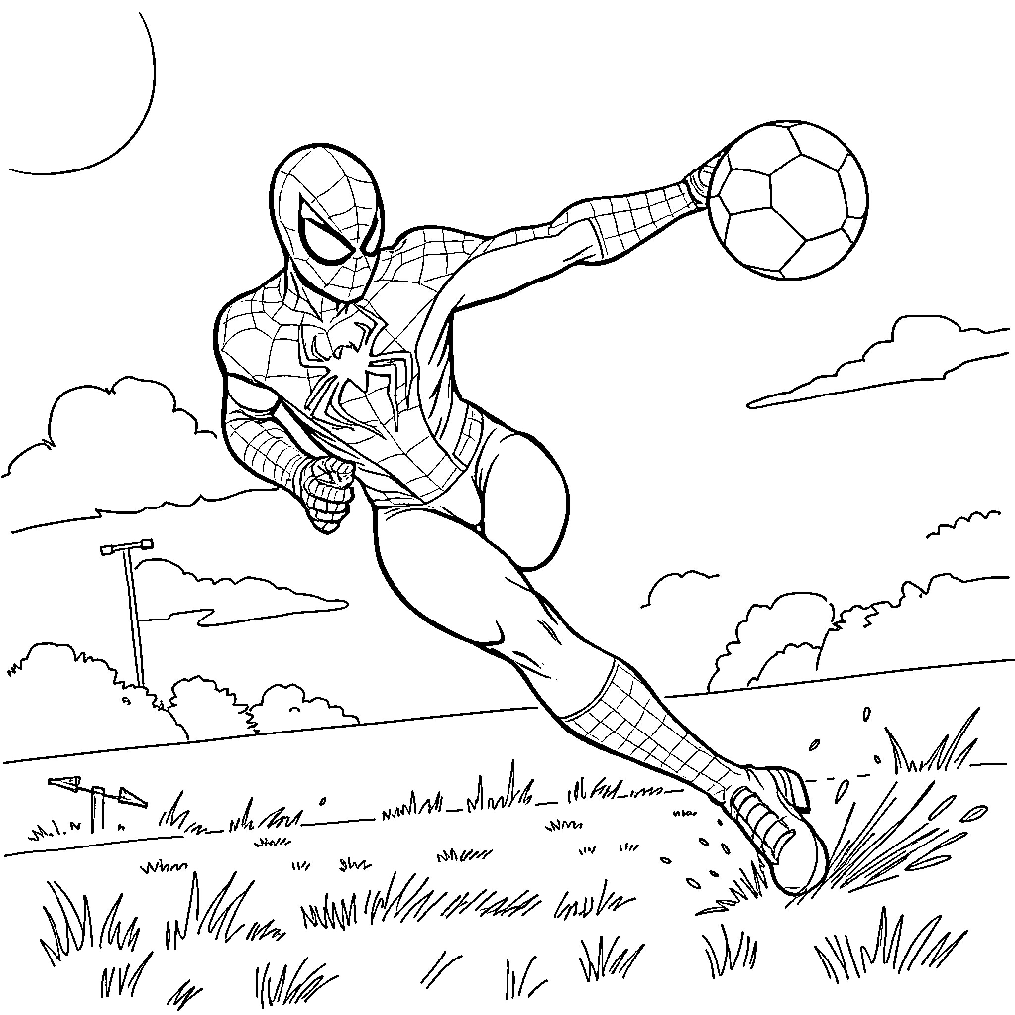 Spider-Man kicking a soccer ball in the park Coloring Page (free black-and-white line drawing printable PDF for all, from beginners to advanced learners, including children, teens, adults, and seniors)