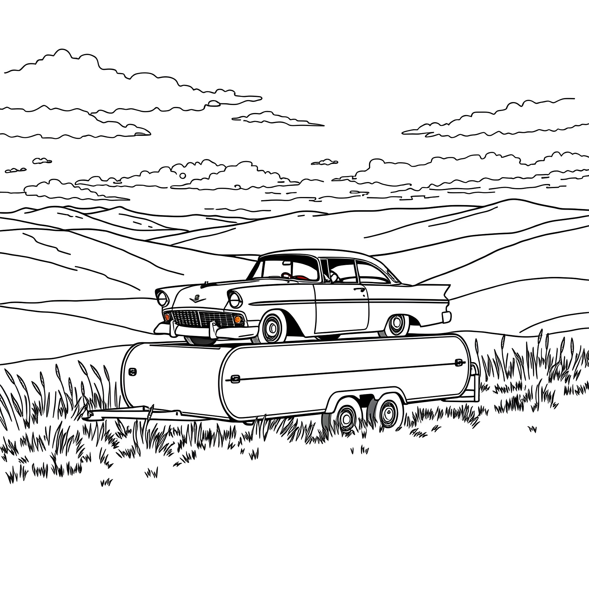 Car Towing Trailer on Scenic Country Road Coloring Page (free black-and-white line drawing printable PDF for all, from beginners to advanced learners, including children, teens, adults, and seniors)