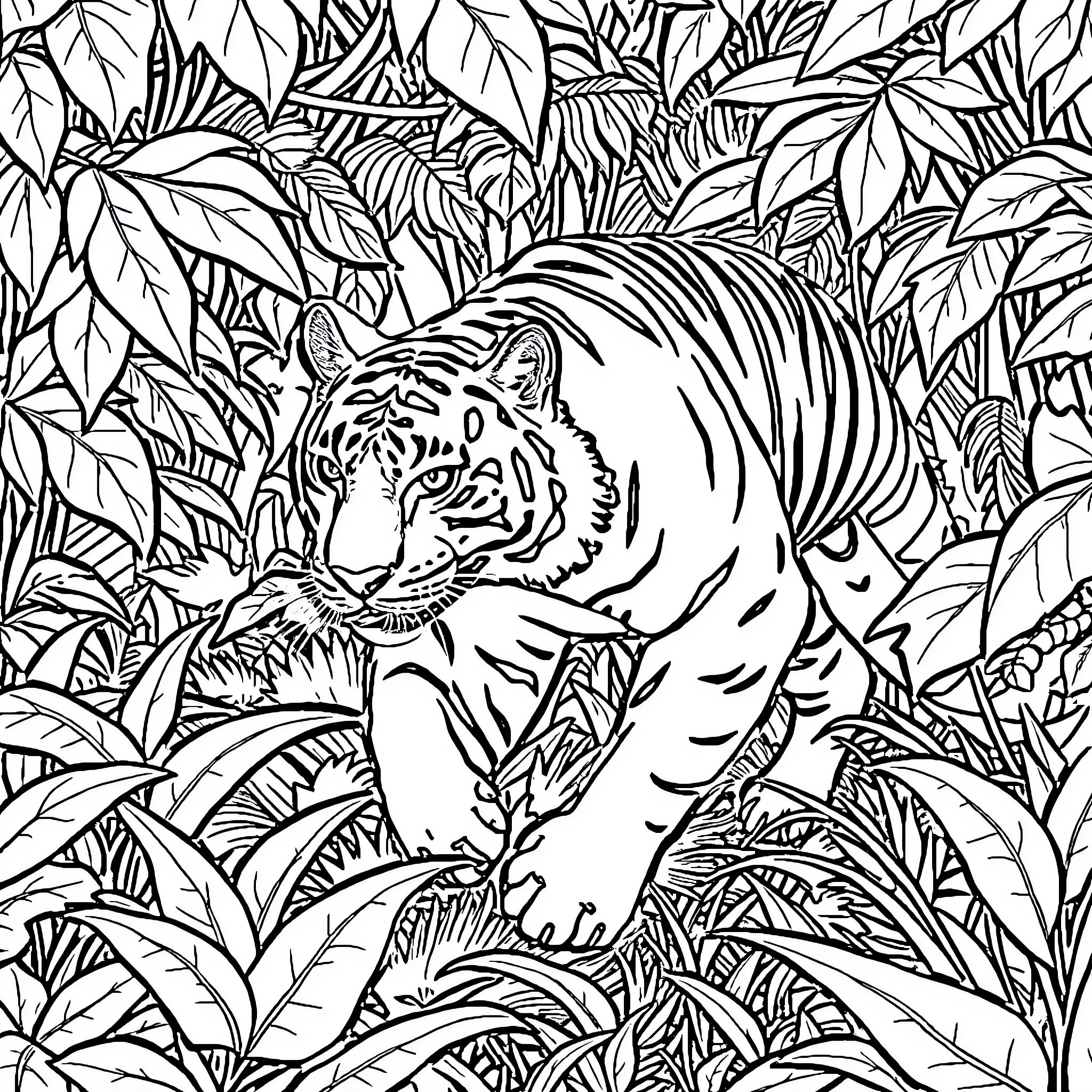 Tiger Roaring in Lush Jungle Foliage Coloring Page (free black-and-white line drawing printable PDF for all, from beginners to advanced learners, including children, teens, adults, and seniors)