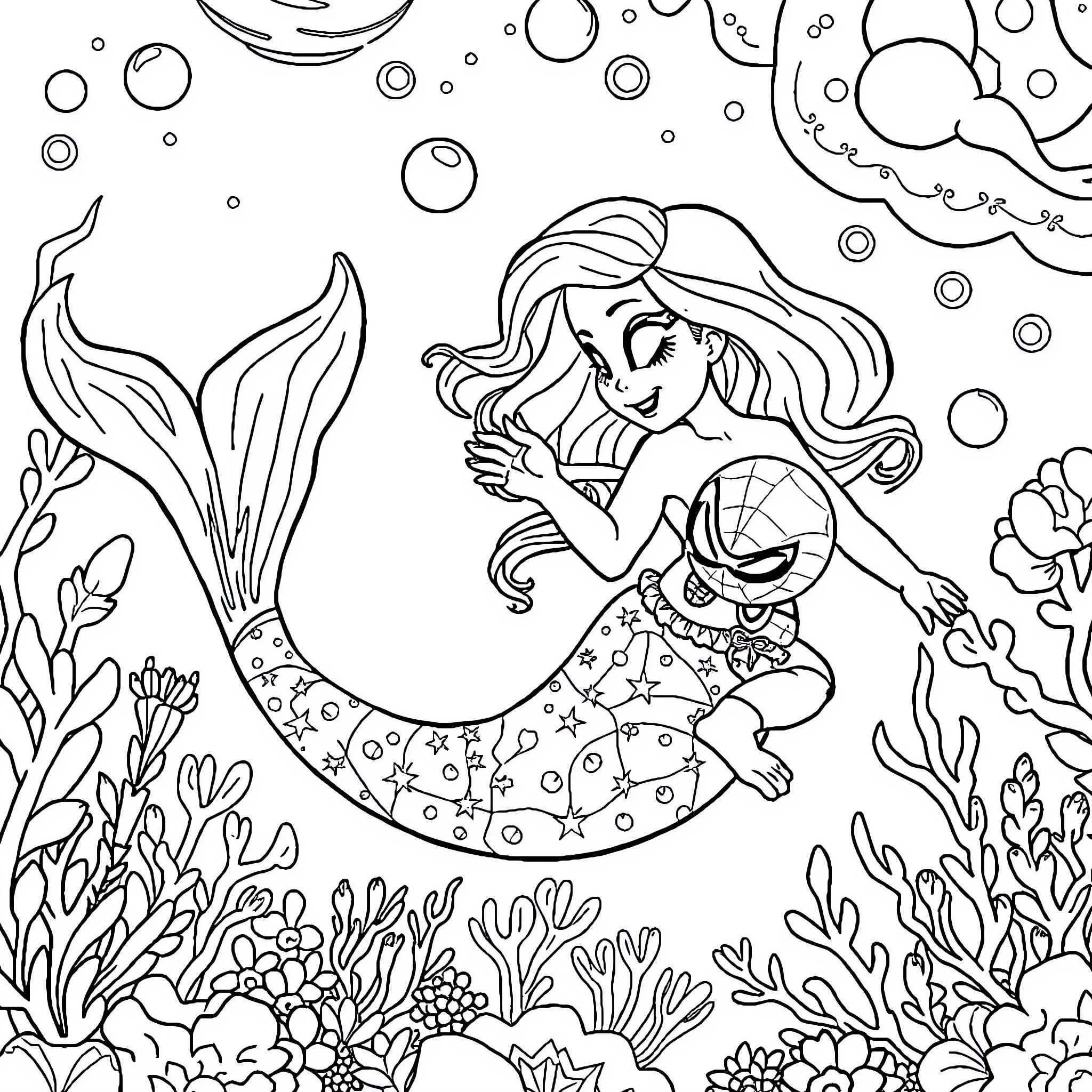 Mermaid enchantingly swimming in the underwater world Coloring Page (free black-and-white line drawing printable PDF for all, from beginners to advanced learners, including children, teens, adults, and seniors)