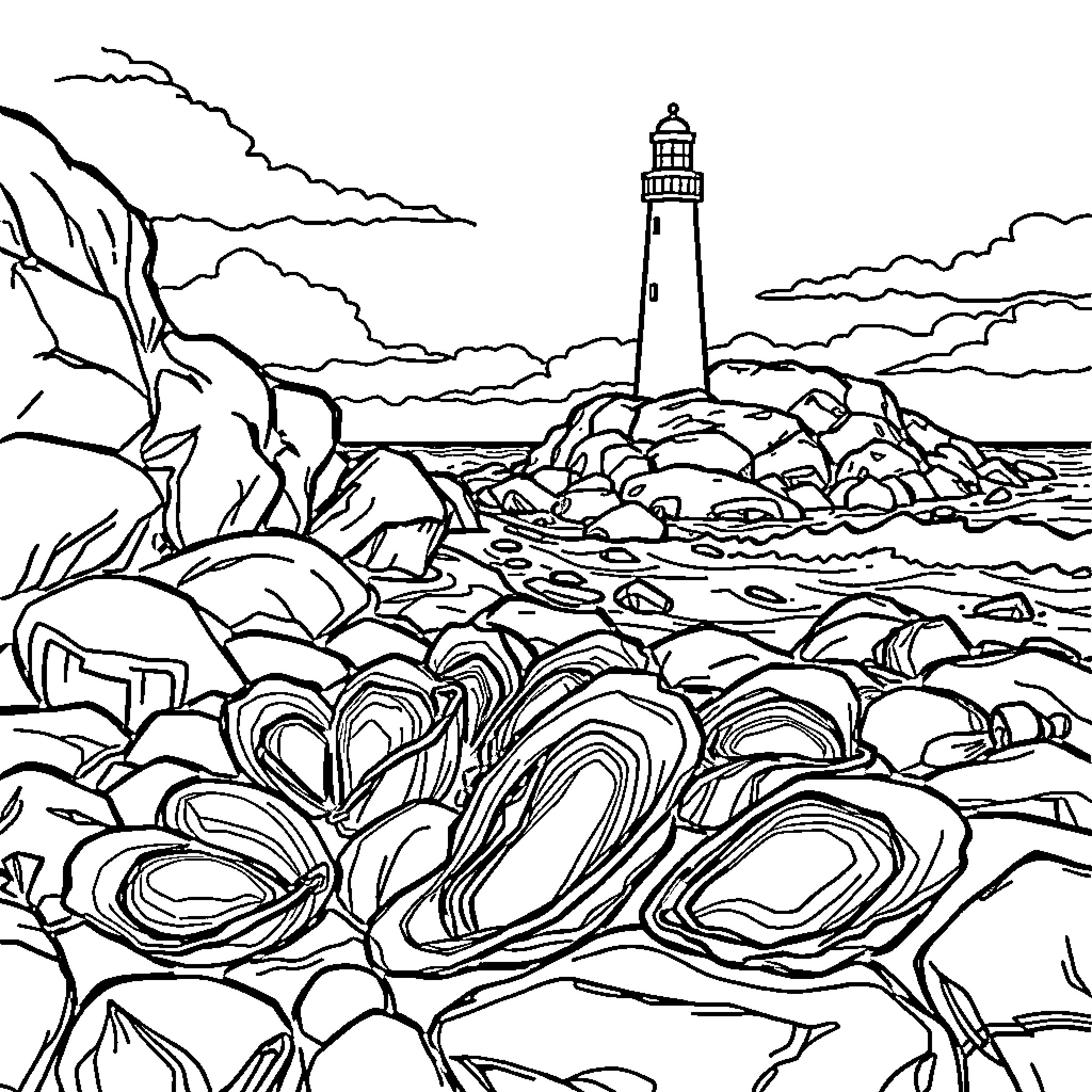 Oyster shells and lighthouse on a rocky shore Coloring Page (free black-and-white line drawing printable PDF for all, from beginners to advanced learners, including children, teens, adults, and seniors)