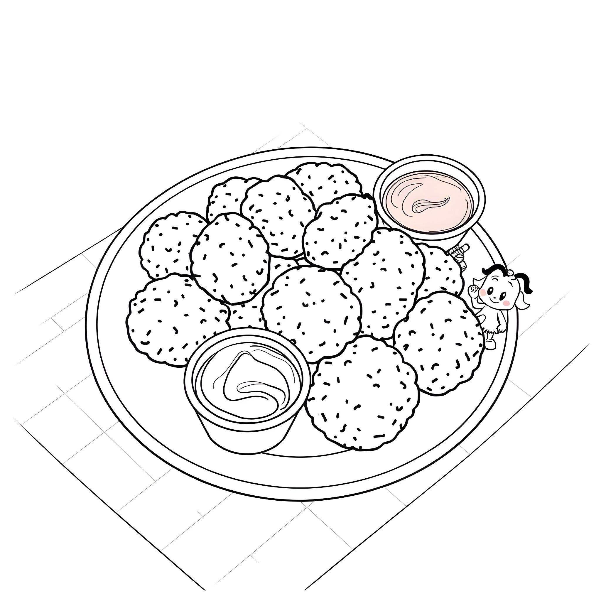 Chicken nuggets and dipping sauces on a plate Coloring Page (free black-and-white line drawing printable PDF for all, from beginners to advanced learners, including children, teens, adults, and seniors)