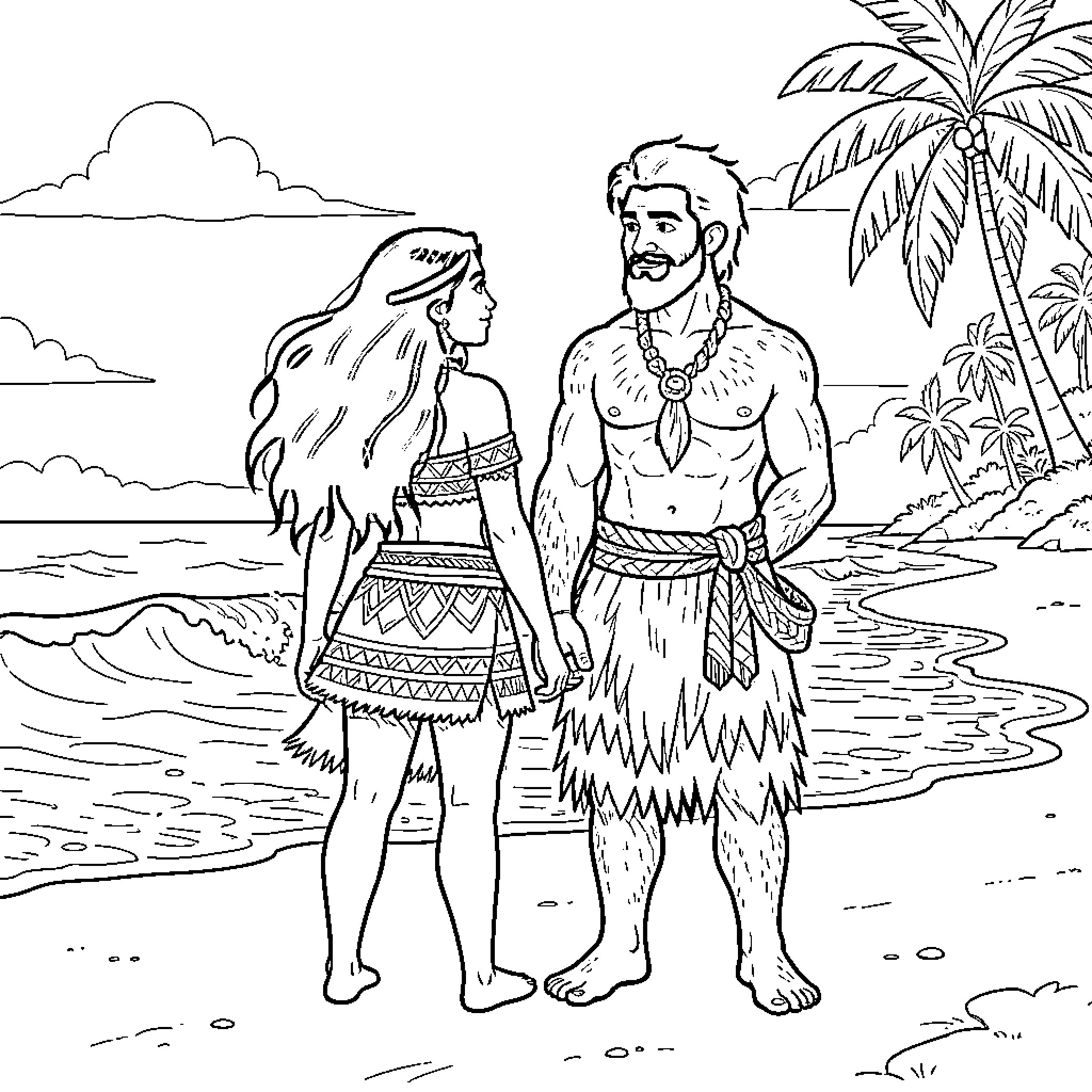 Moana and Maui standing together on a tropical beach Coloring Page (free black-and-white line drawing printable PDF for all, from beginners to advanced learners, including children, teens, adults, and seniors)