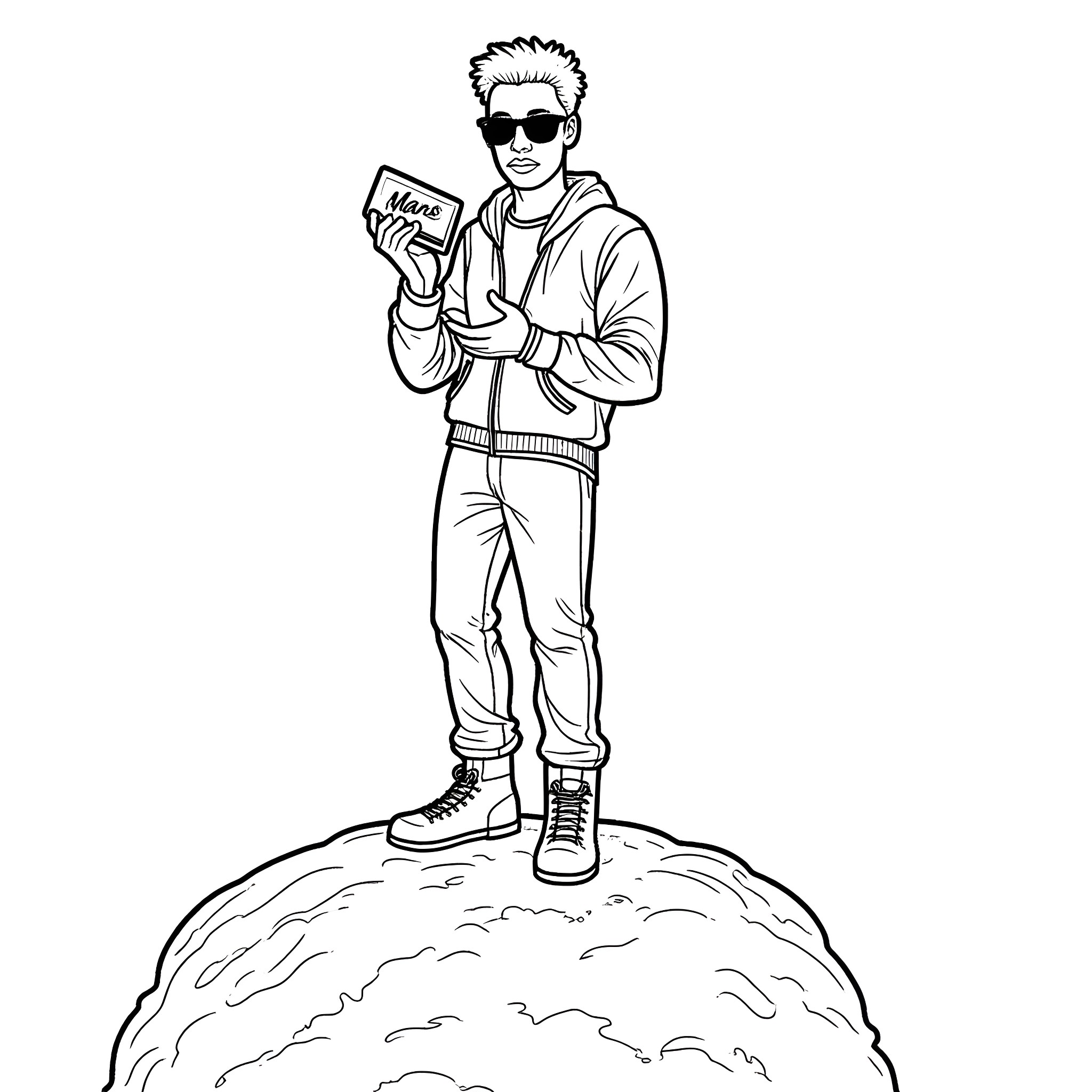 Bruno Mars posing confidently on a hilltop Coloring Page (free black-and-white line drawing printable PDF for all, from beginners to advanced learners, including children, teens, adults, and seniors)