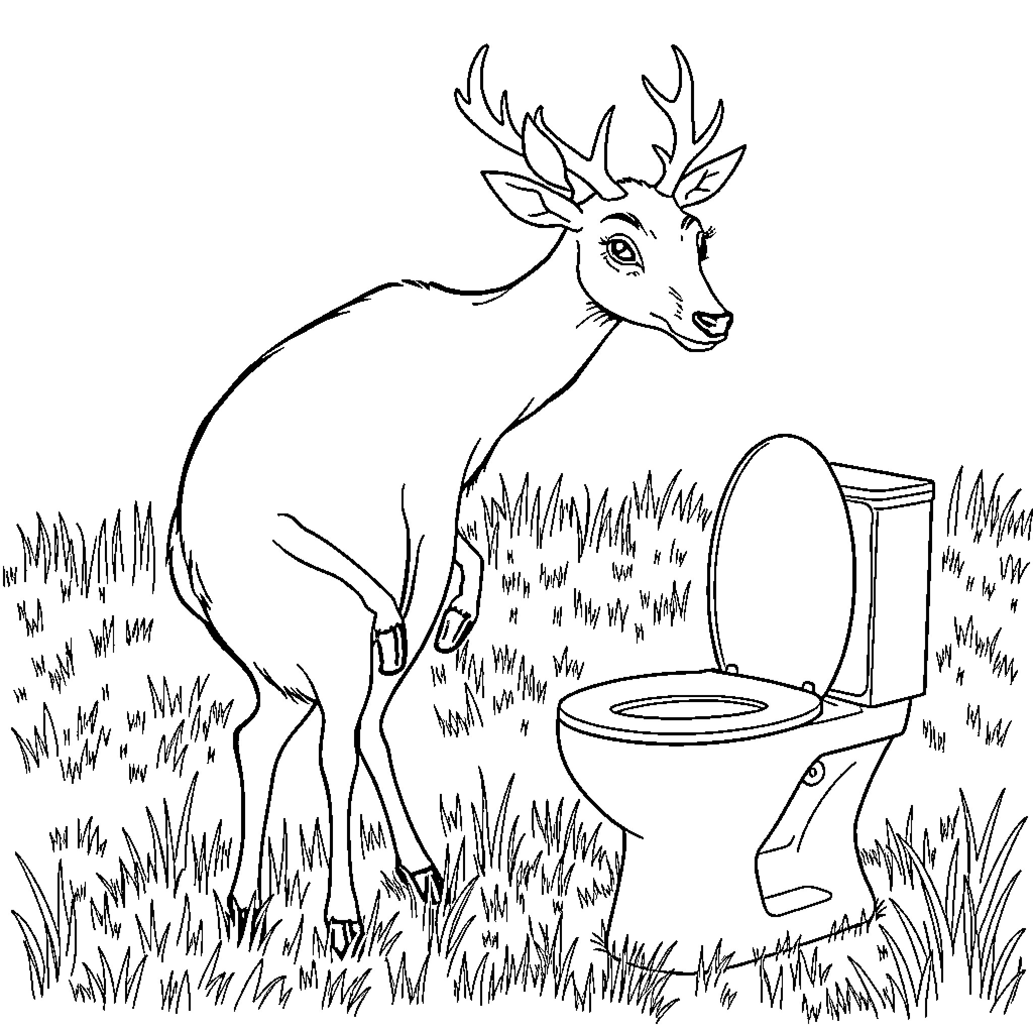 Deer standing near a toilet in the outdoors Coloring Page (free black-and-white line drawing printable PDF for all, from beginners to advanced learners, including children, teens, adults, and seniors)