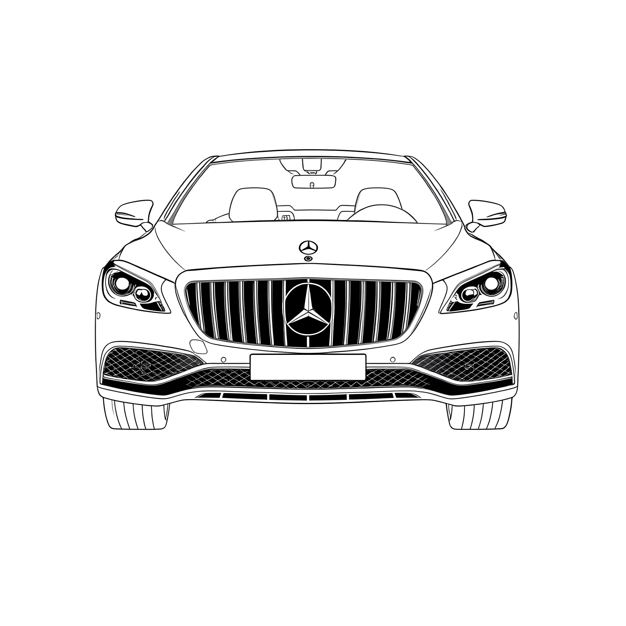 Mercedes luxury vehicle on display Coloring Page (free black-and-white line drawing printable PDF for all, from beginners to advanced learners, including children, teens, adults, and seniors)