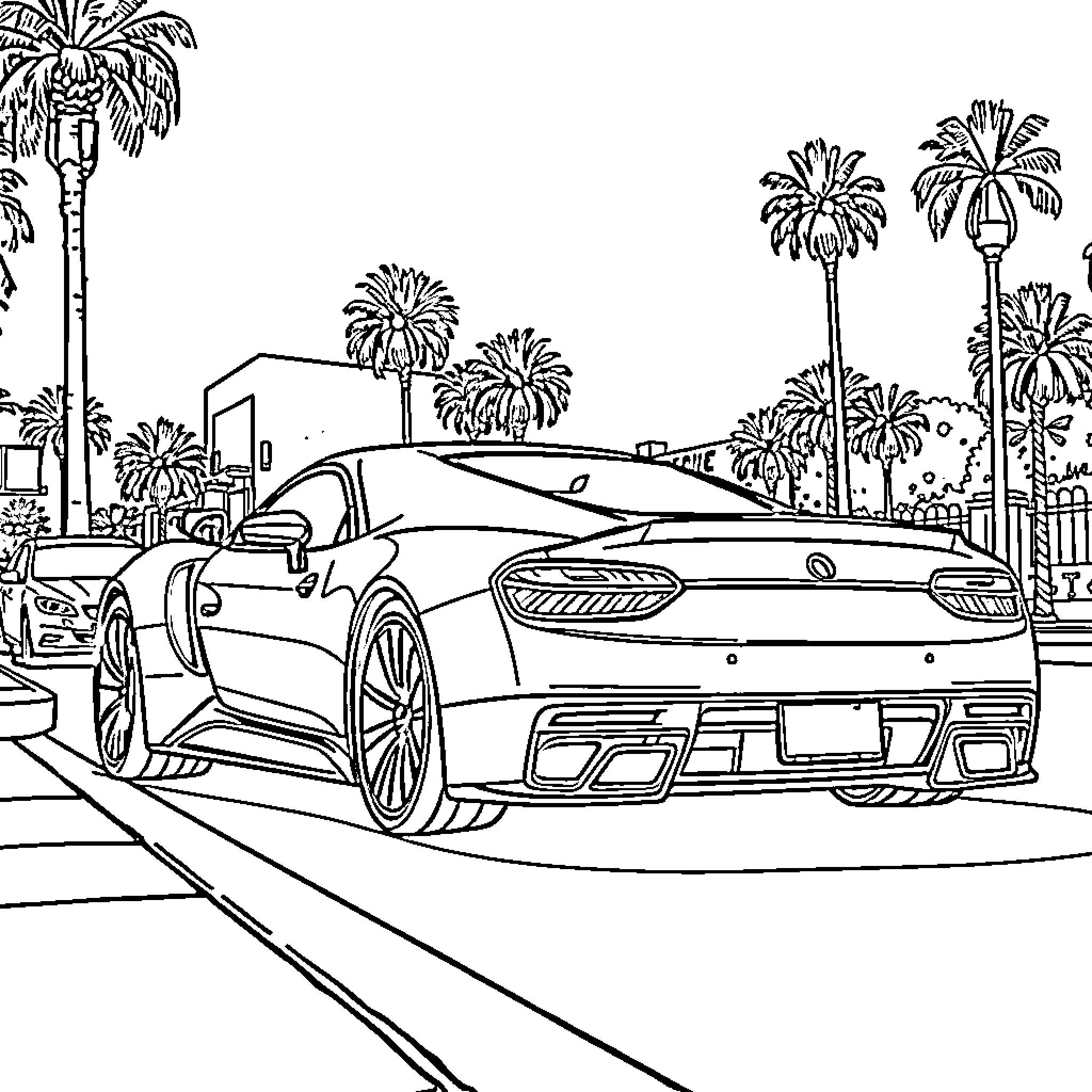 Car in sunny coastal town with palm trees Coloring Page (free black-and-white line drawing printable PDF for all, from beginners to advanced learners, including children, teens, adults, and seniors)