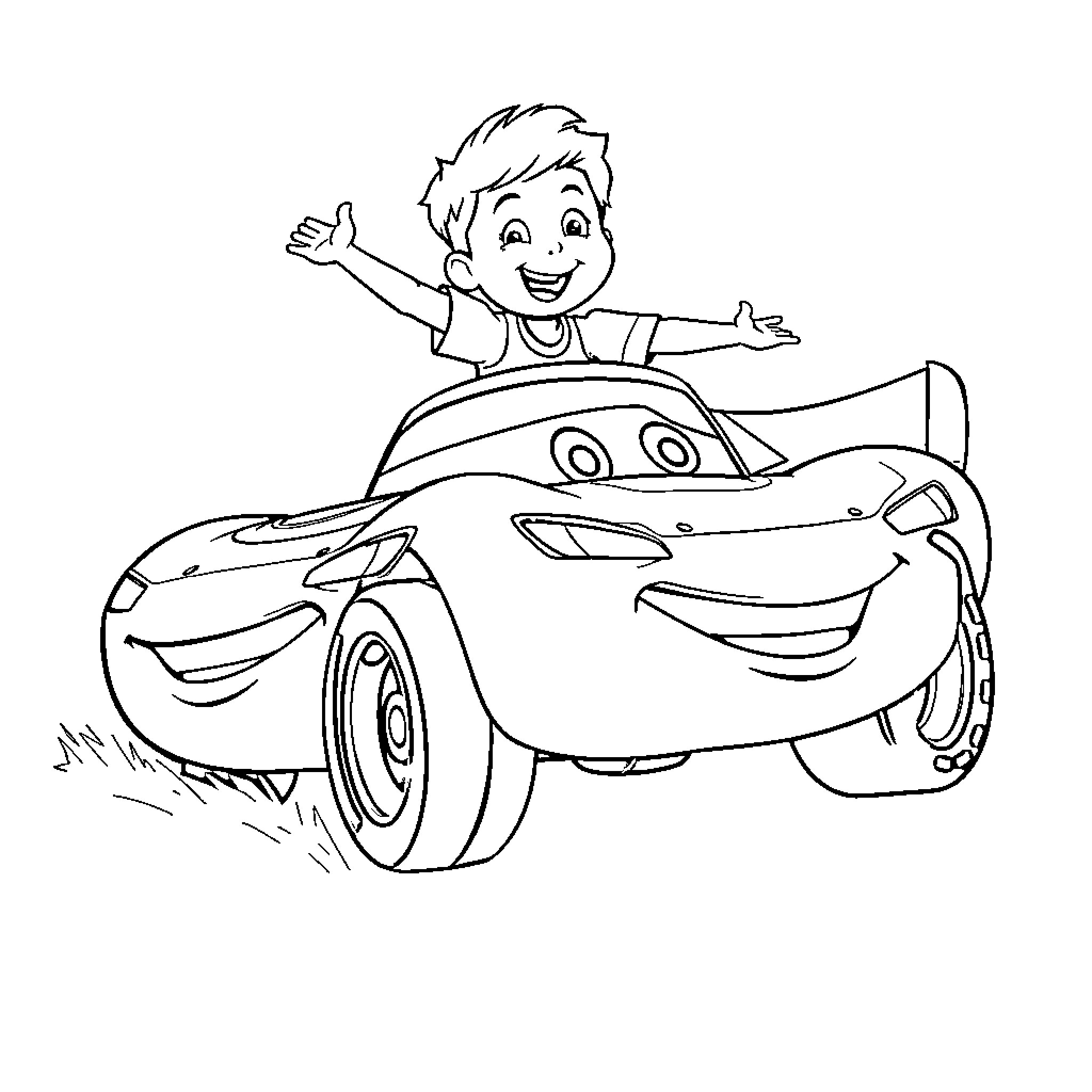Boy joyfully riding a cartoon car Coloring Page (free black-and-white line drawing printable PDF for all, from beginners to advanced learners, including children, teens, adults, and seniors)