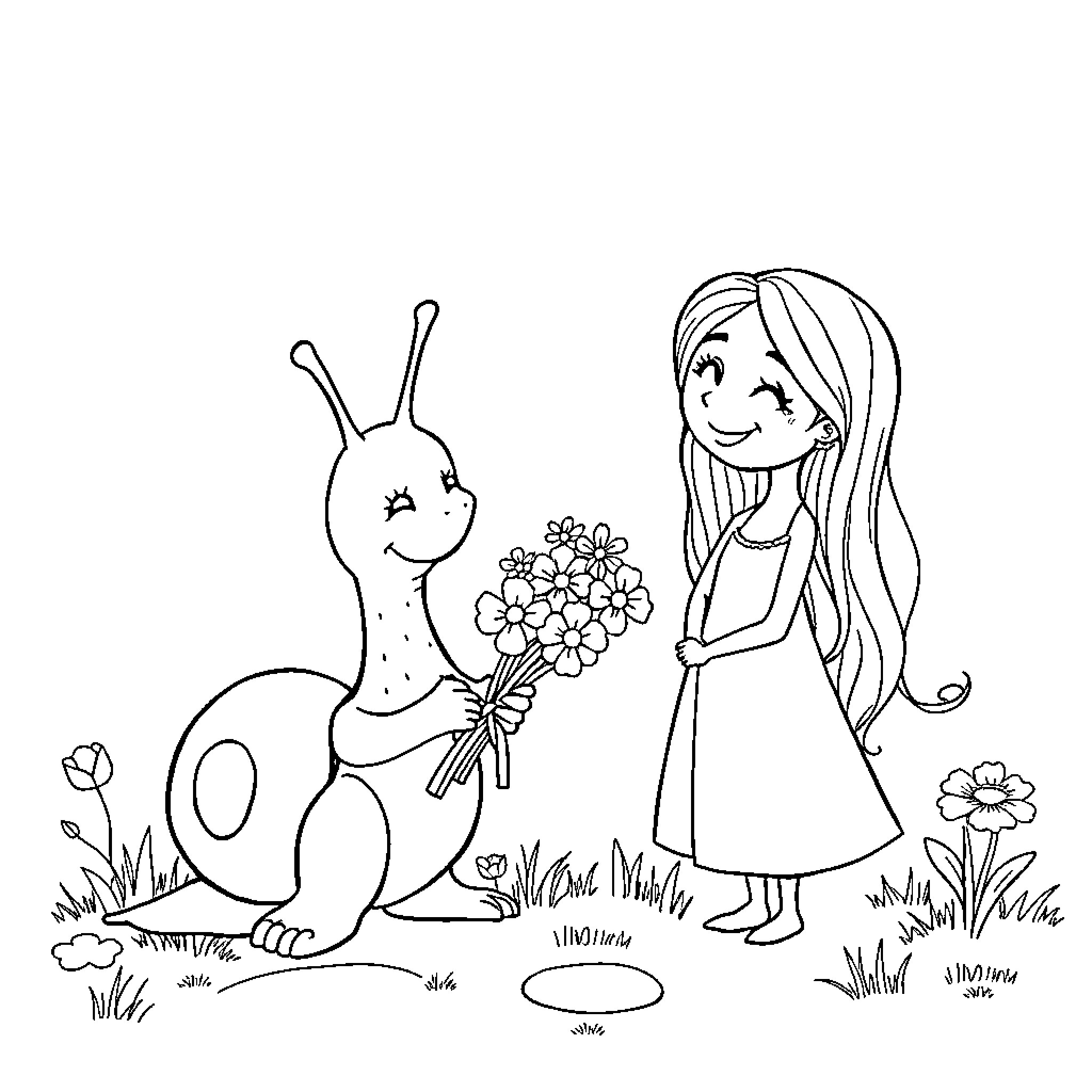 Snail presenting flowers to cheerful girl Coloring Page (free black-and-white line drawing printable PDF for all, from beginners to advanced learners, including children, teens, adults, and seniors)