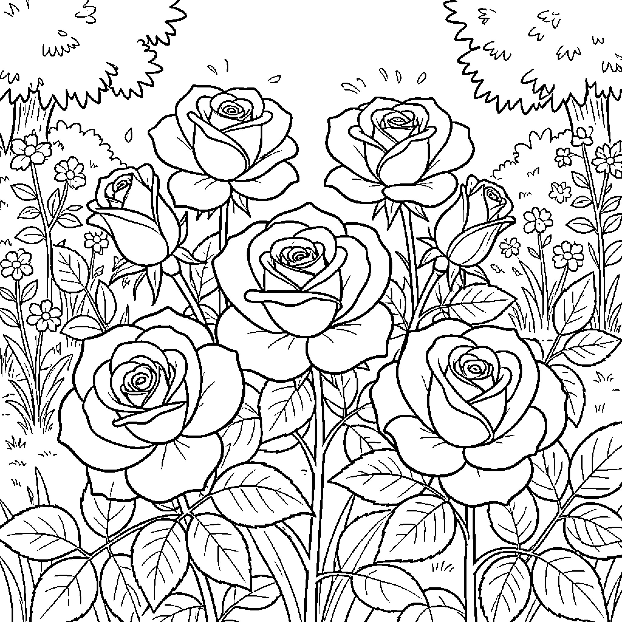Rose garden blooming in a lush landscape Coloring Page (free black-and-white line drawing printable PDF for all, from beginners to advanced learners, including children, teens, adults, and seniors)