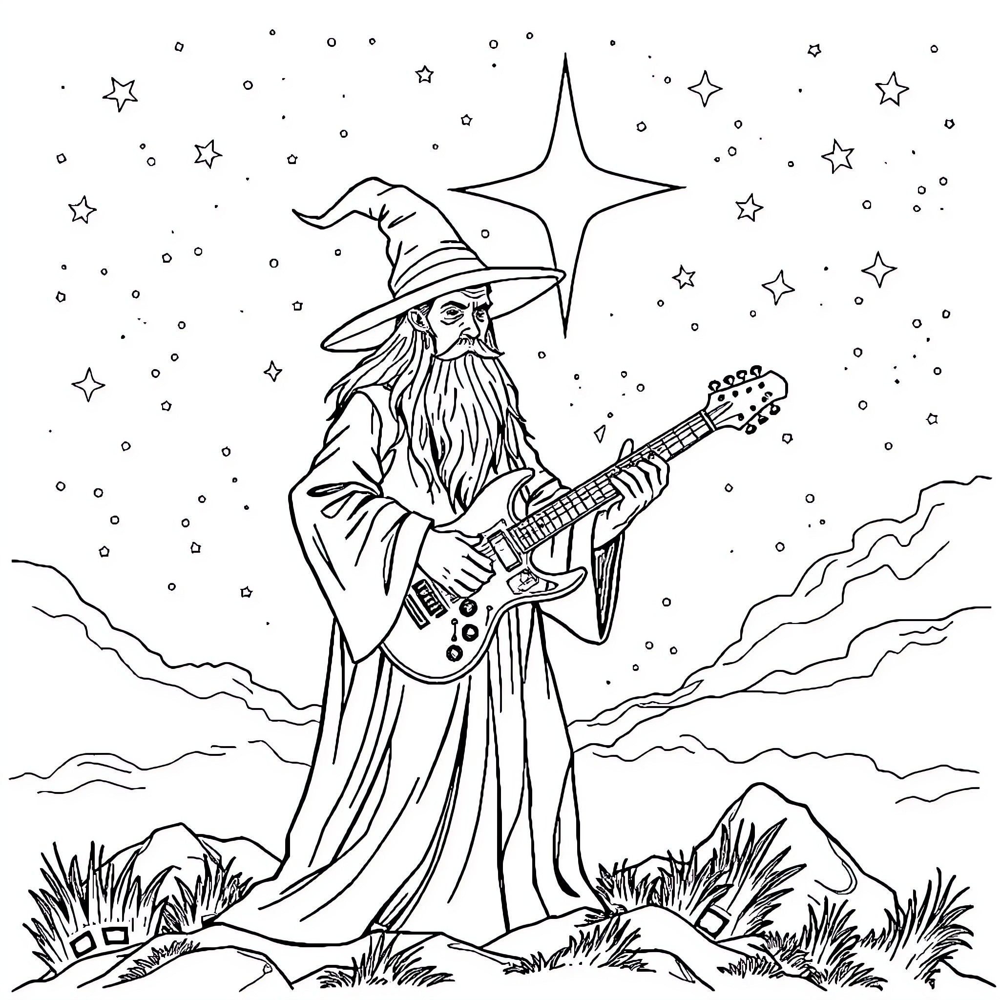 Wizard playing guitar under starry night sky Coloring Page (free black-and-white line drawing printable PDF for all, from beginners to advanced learners, including children, teens, adults, and seniors)