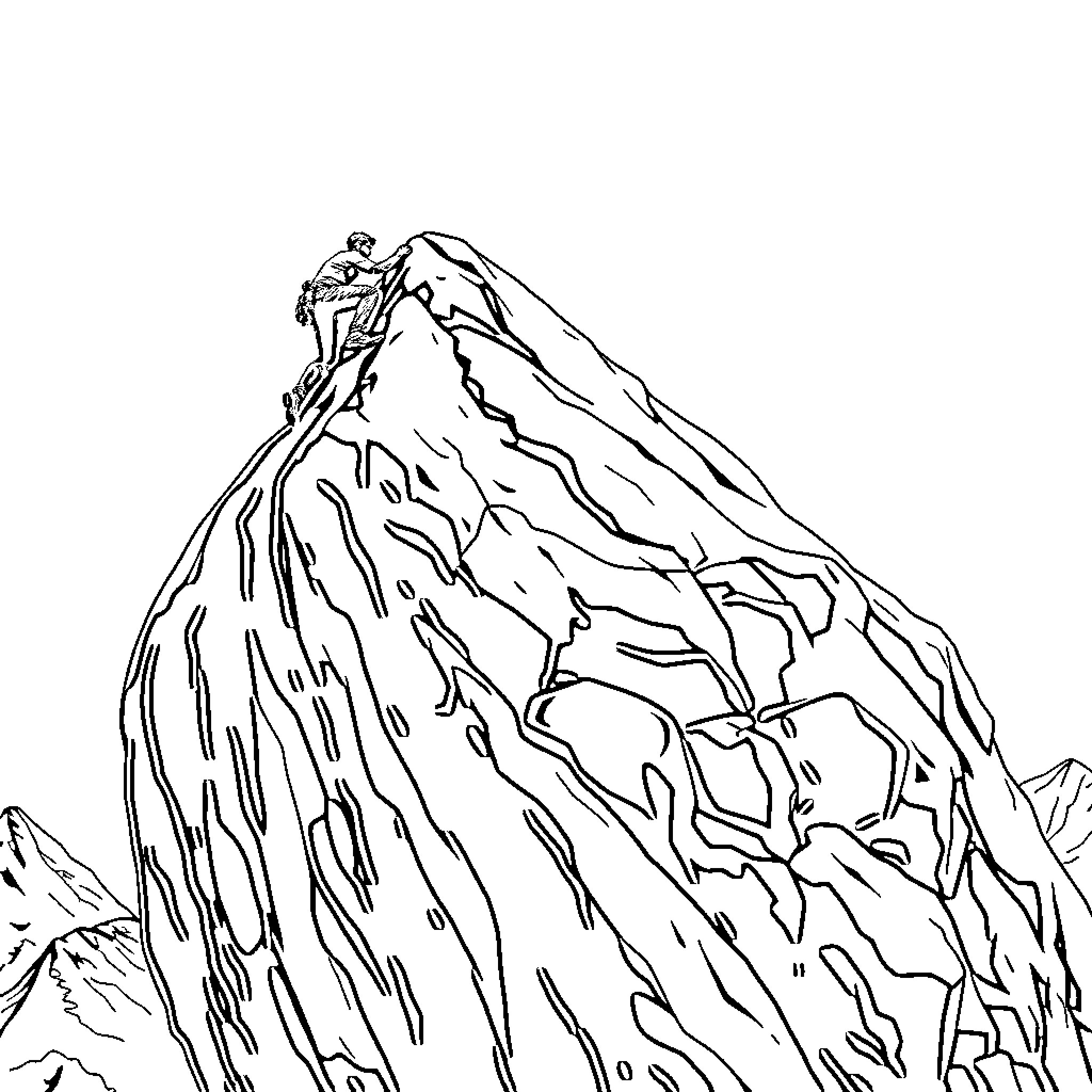 Climber ascending rugged mountain peak Coloring Page (free black-and-white line drawing printable PDF for all, from beginners to advanced learners, including children, teens, adults, and seniors)