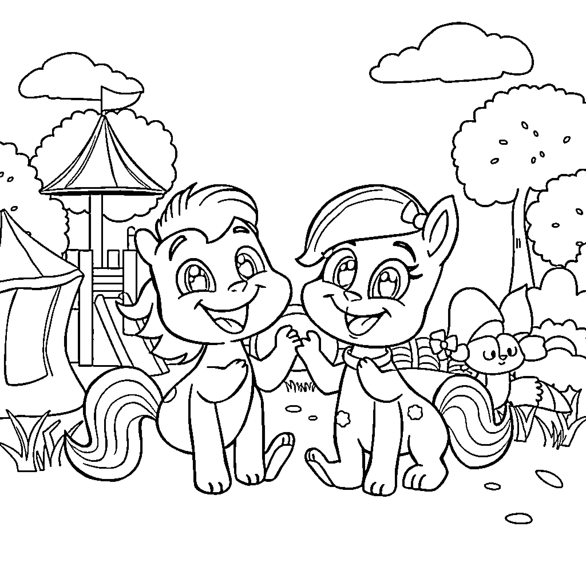 Blippi and friends explore the colorful park Coloring Page (free black-and-white line drawing printable PDF for all, from beginners to advanced learners, including children, teens, adults, and seniors)