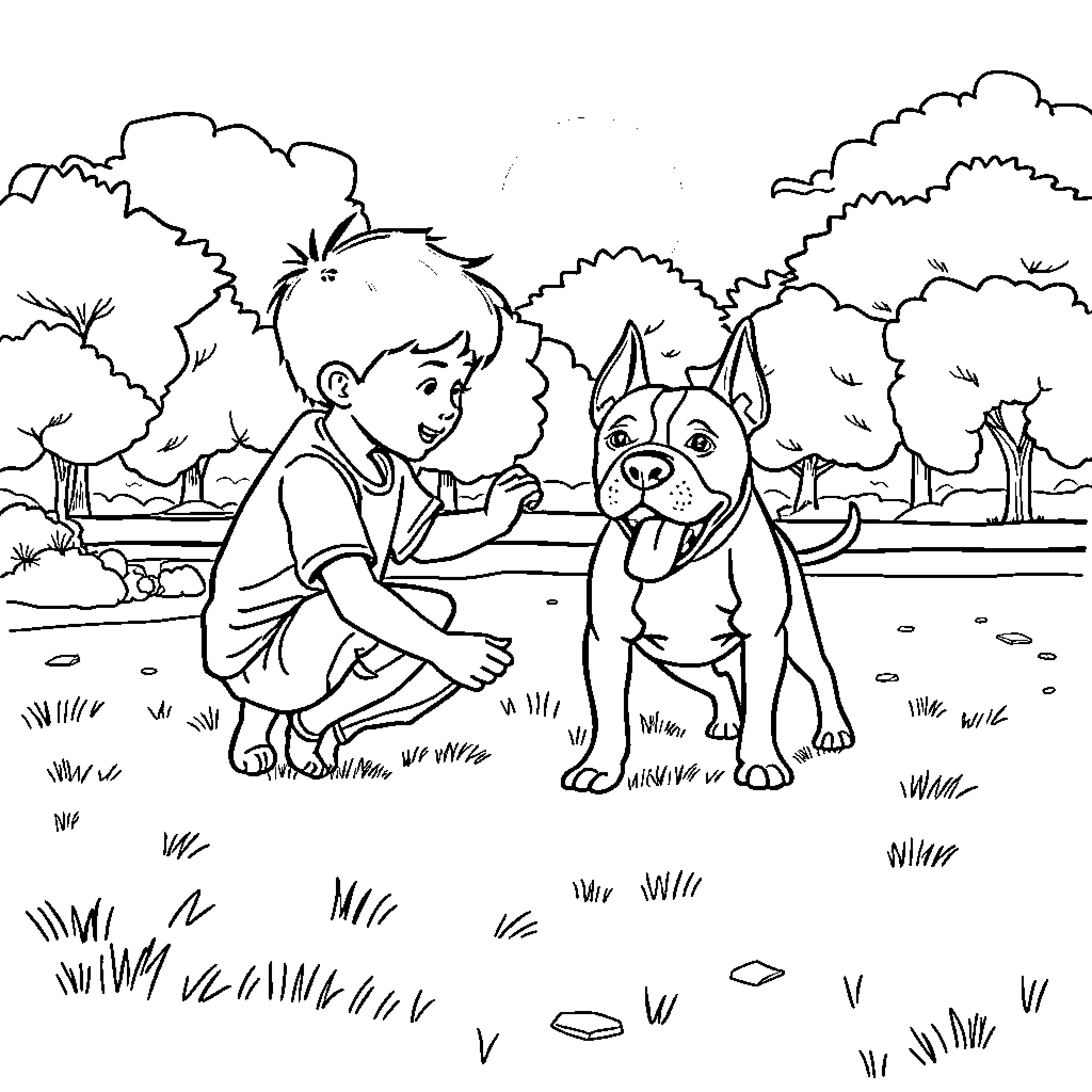 Boy spending quality time with his loyal dog in nature Coloring Page (free black-and-white line drawing printable PDF for all, from beginners to advanced learners, including children, teens, adults, and seniors)