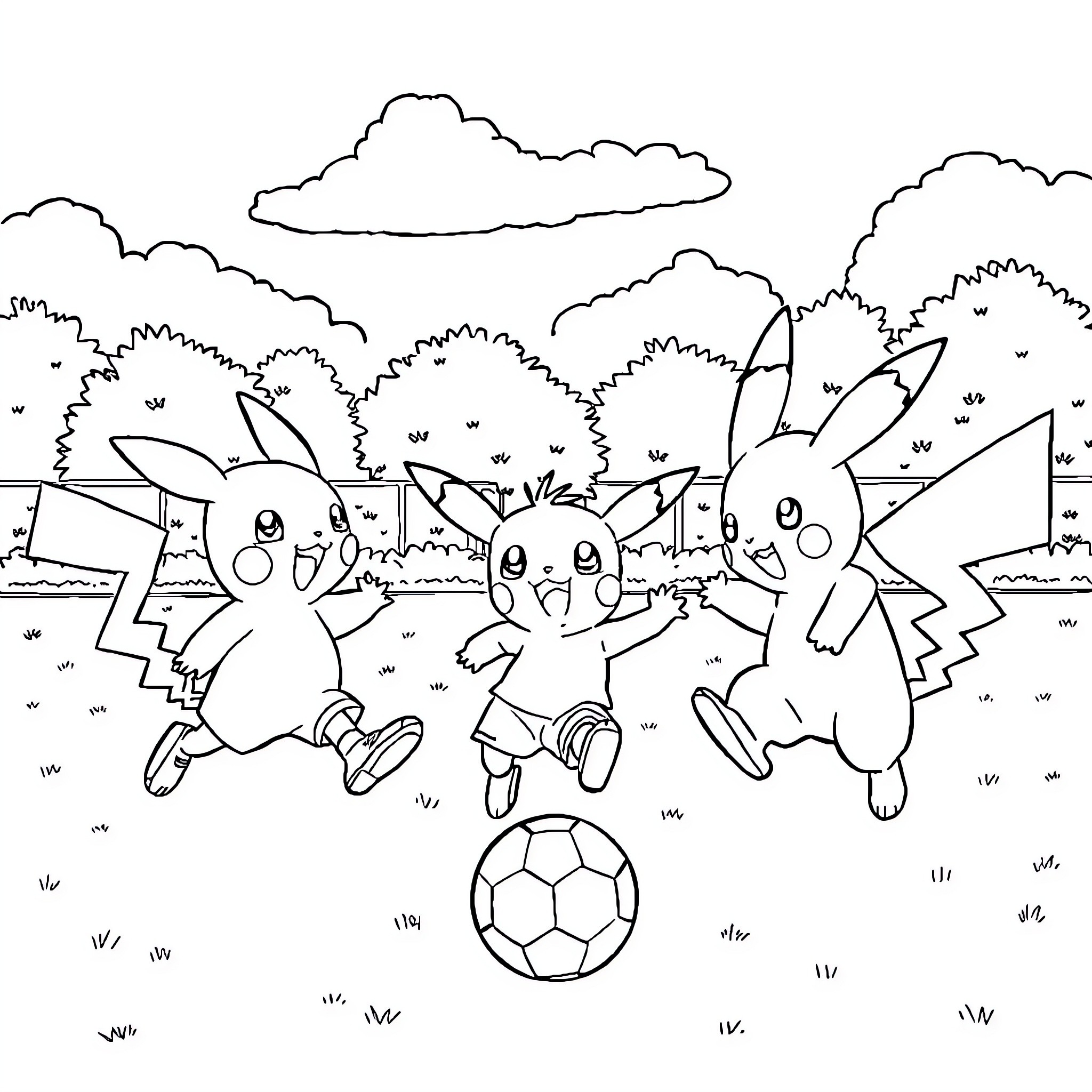 Pokémon playing soccer in the park Coloring Page (free black-and-white line drawing printable PDF for all, from beginners to advanced learners, including children, teens, adults, and seniors)