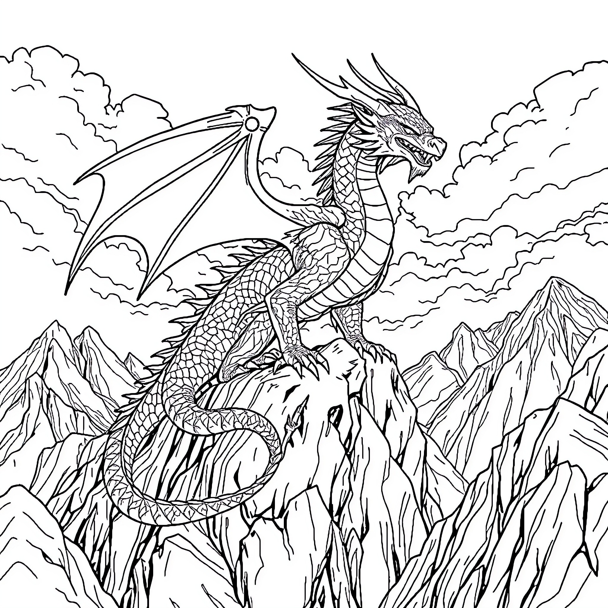 Dragon soaring majestically over rugged mountain landscape Coloring Page (free black-and-white line drawing printable PDF for all, from beginners to advanced learners, including children, teens, adults, and seniors)