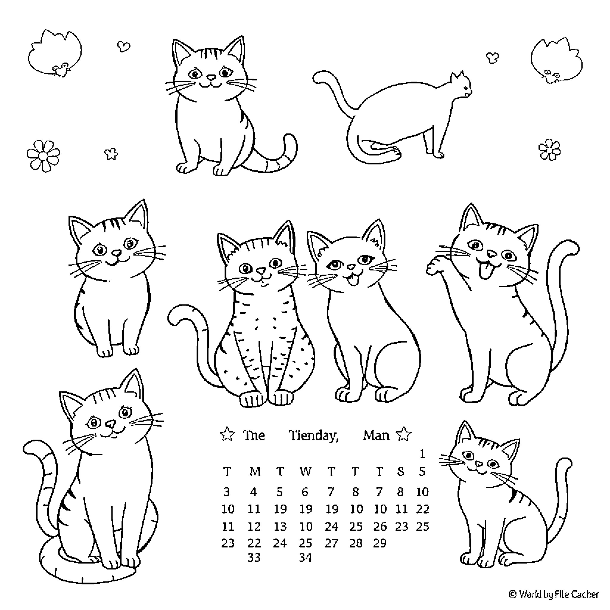 Cats in Various Playful Poses Coloring Page (free black-and-white line drawing printable PDF for all, from beginners to advanced learners, including children, teens, adults, and seniors)