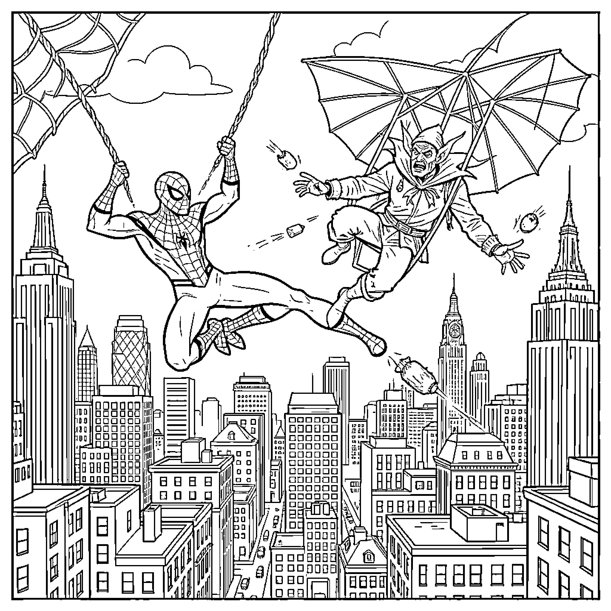 Spider-Man battles villainous foe above the city skyline Coloring Page (free black-and-white line drawing printable PDF for all, from beginners to advanced learners, including children, teens, adults, and seniors)