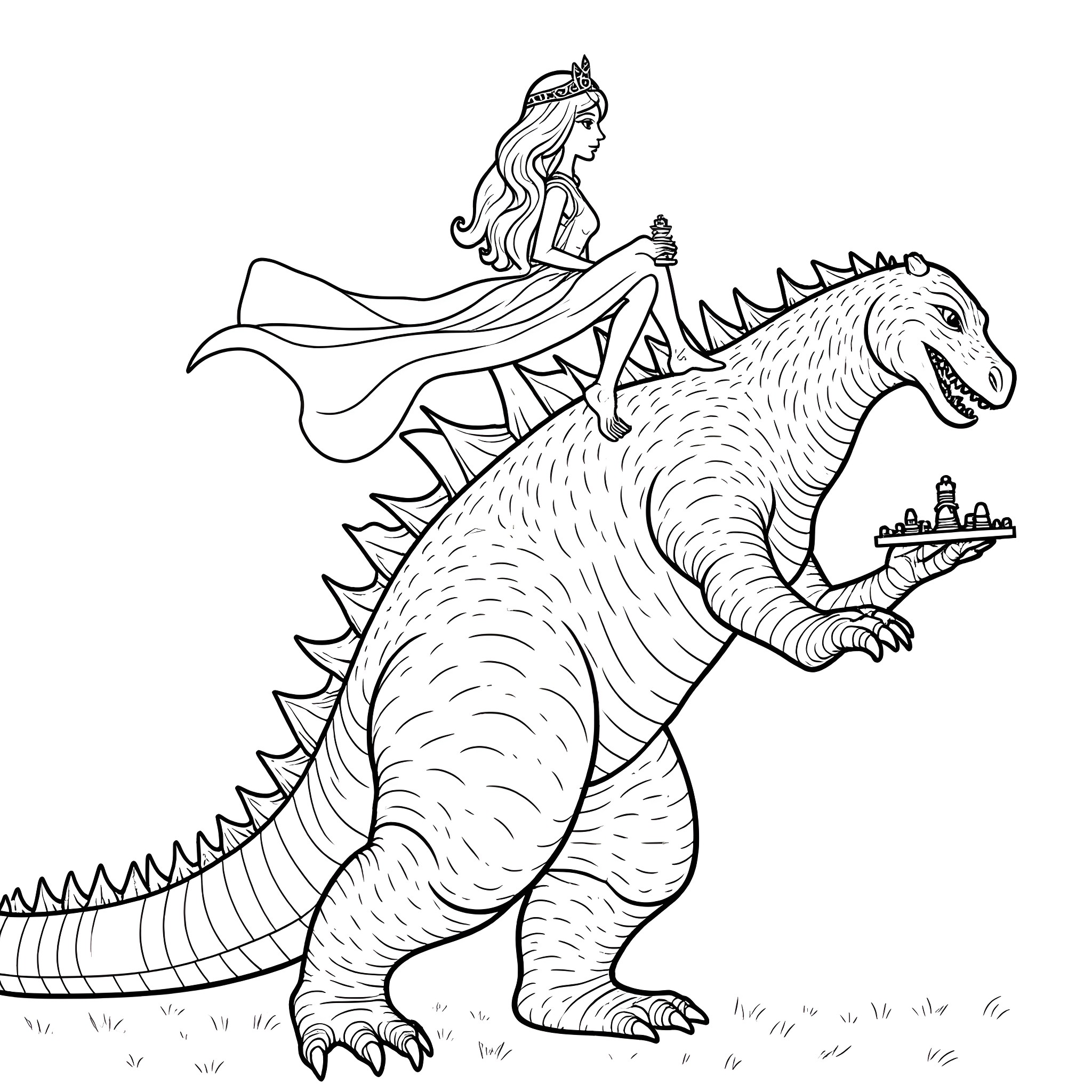 Princess riding a fierce dragon in the fantasy land Coloring Page (free black-and-white line drawing printable PDF for all, from beginners to advanced learners, including children, teens, adults, and seniors)