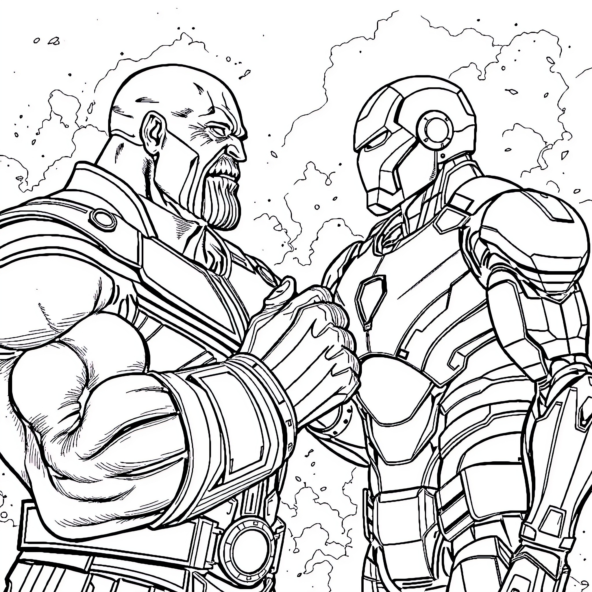 Thanos confronts Iron Man in epic battle Coloring Page (free black-and-white line drawing printable PDF for all, from beginners to advanced learners, including children, teens, adults, and seniors)