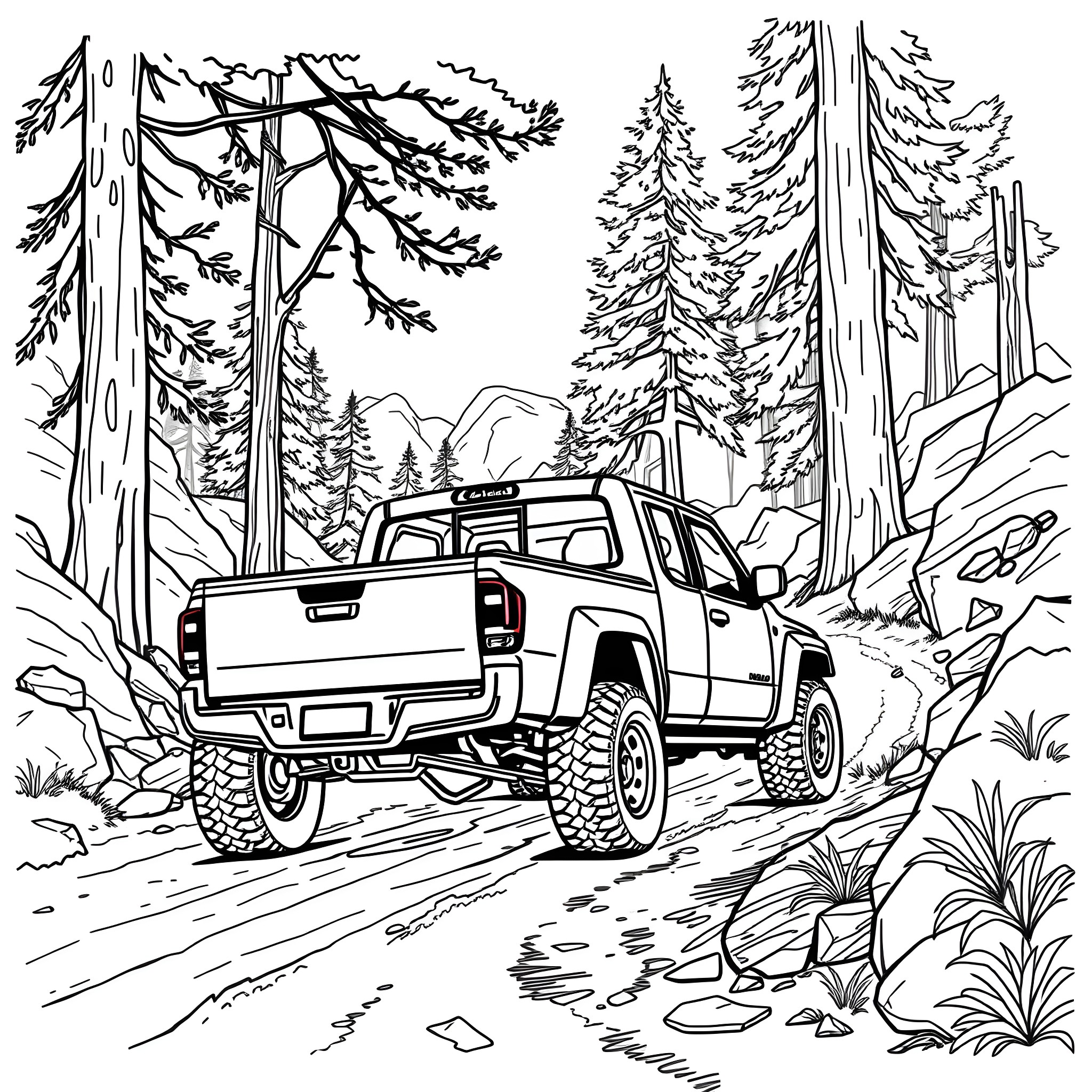 Pickup truck exploring the forest trail Coloring Page (free black-and-white line drawing printable PDF for all, from beginners to advanced learners, including children, teens, adults, and seniors)