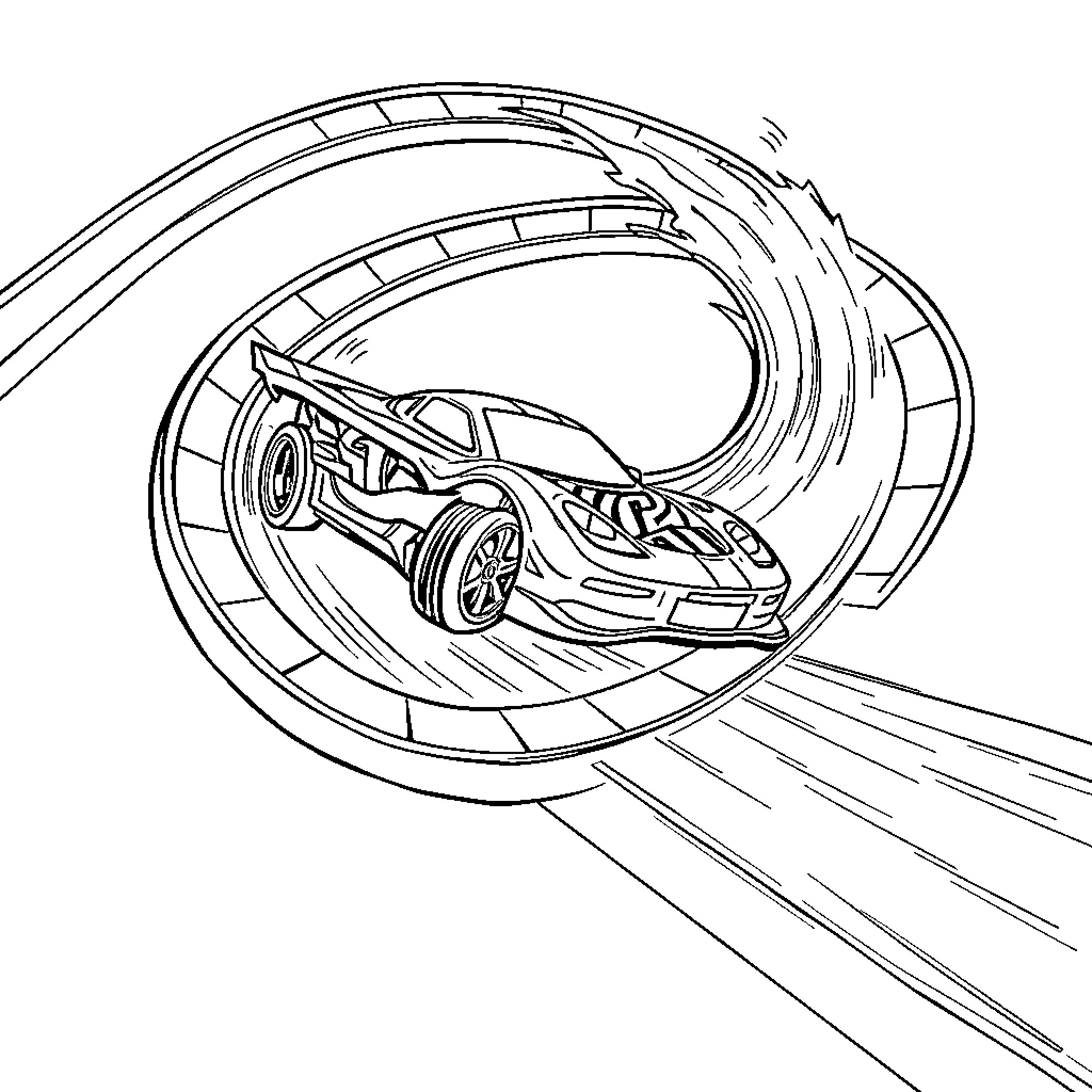 Car racing on a spiraling track Coloring Page (free black-and-white line drawing printable PDF for all, from beginners to advanced learners, including children, teens, adults, and seniors)