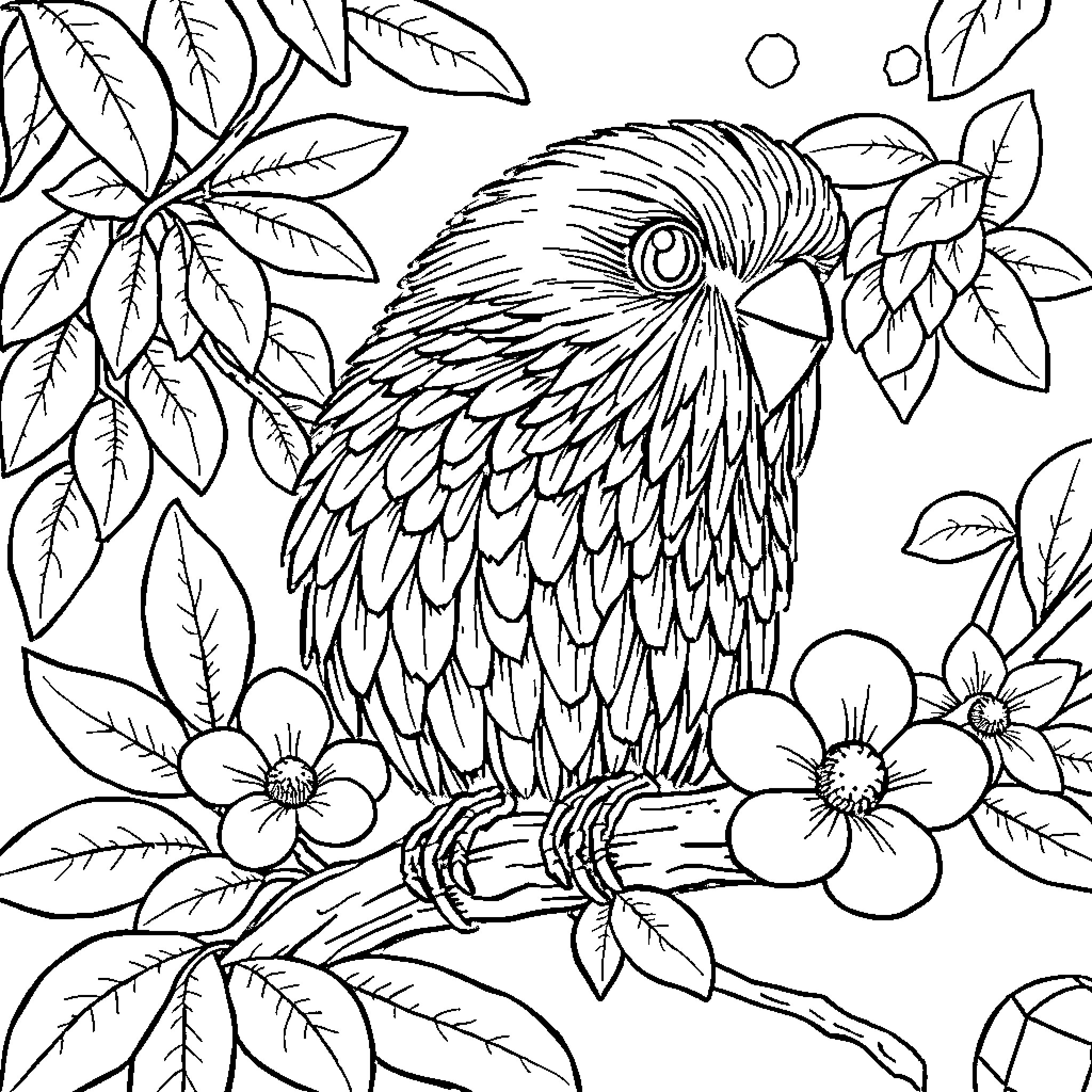 Glass parrot amongst tropical foliage Coloring Page (free black-and-white line drawing printable PDF for all, from beginners to advanced learners, including children, teens, adults, and seniors)