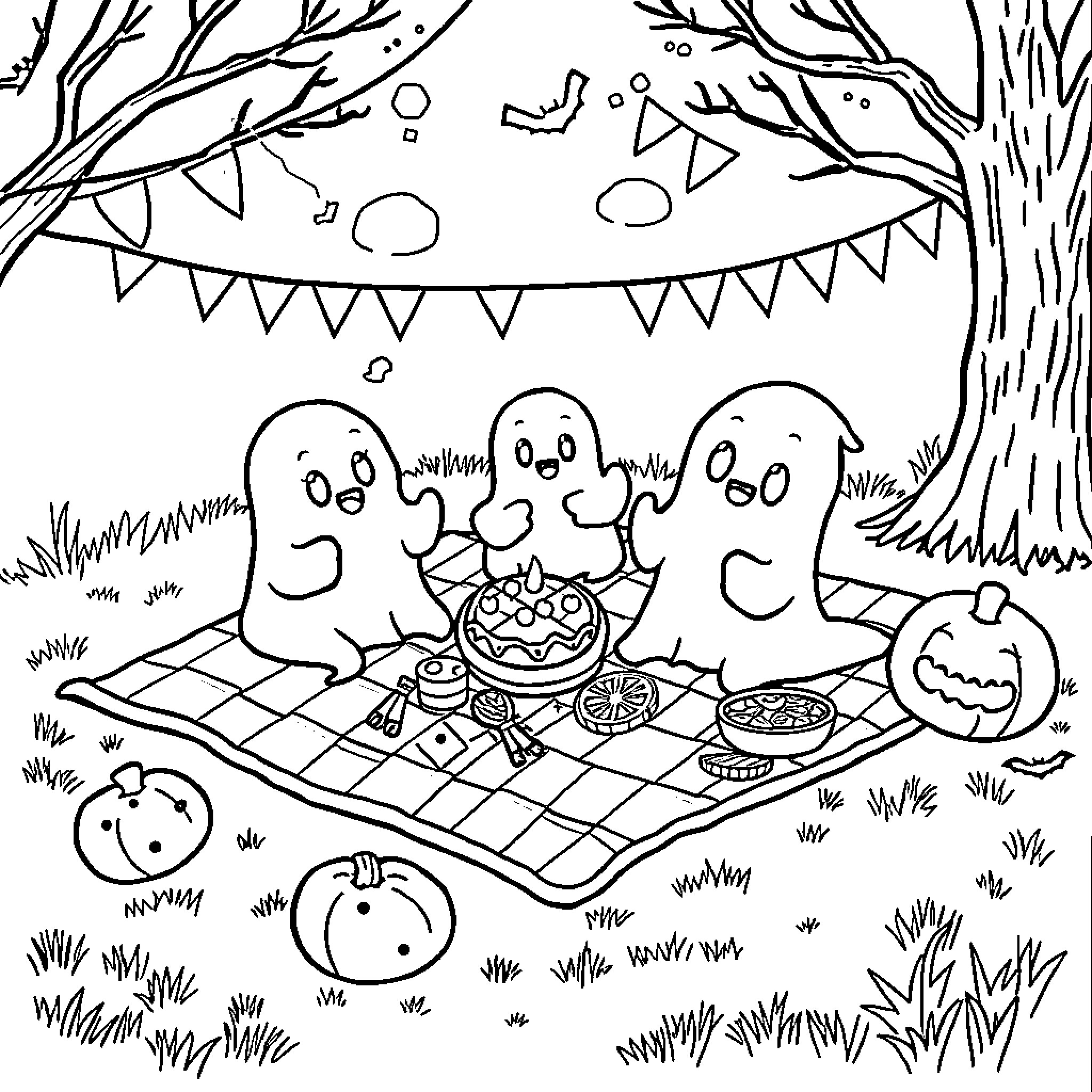 Ghost friends enjoying a spooky picnic in the park Coloring Page (free black-and-white line drawing printable PDF for all, from beginners to advanced learners, including children, teens, adults, and seniors)