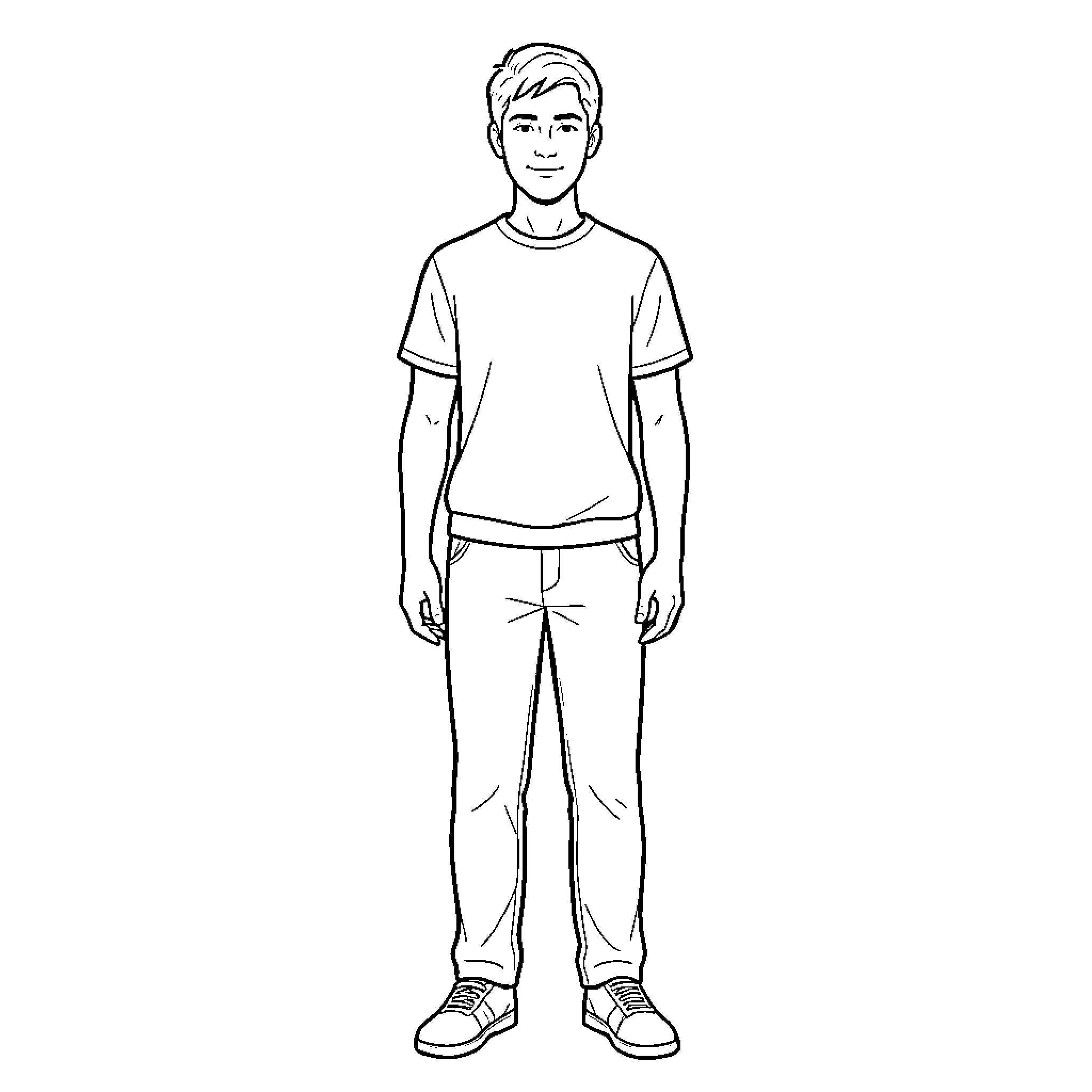 Adult male standing in casual t-shirt and trousers Coloring Page (free black-and-white line drawing printable PDF for all, from beginners to advanced learners, including children, teens, adults, and seniors)