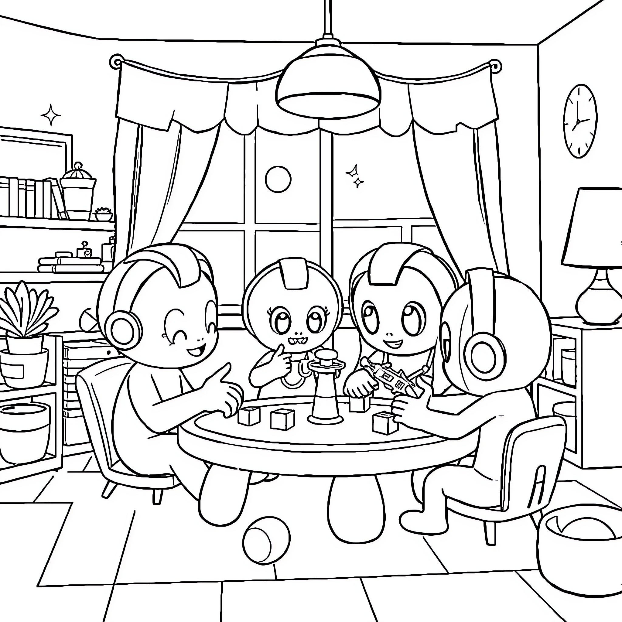 Bluey and family enjoying a cozy indoor picnic Coloring Page (free black-and-white line drawing printable PDF for all, from beginners to advanced learners, including children, teens, adults, and seniors)