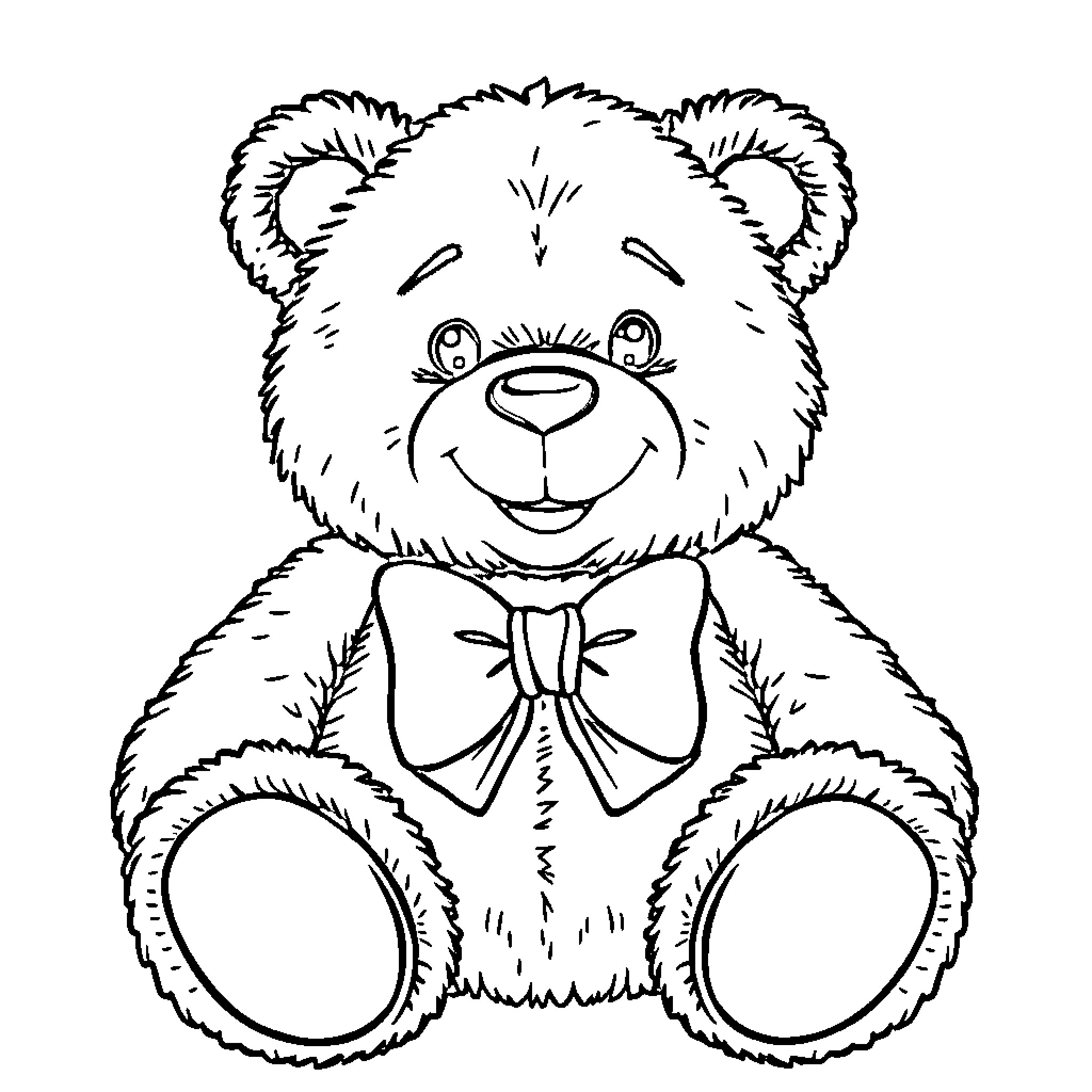 Teddy Bear with Bow Tie and Smiling Expression Coloring Page (free black-and-white line drawing printable PDF for all, from beginners to advanced learners, including children, teens, adults, and seniors)