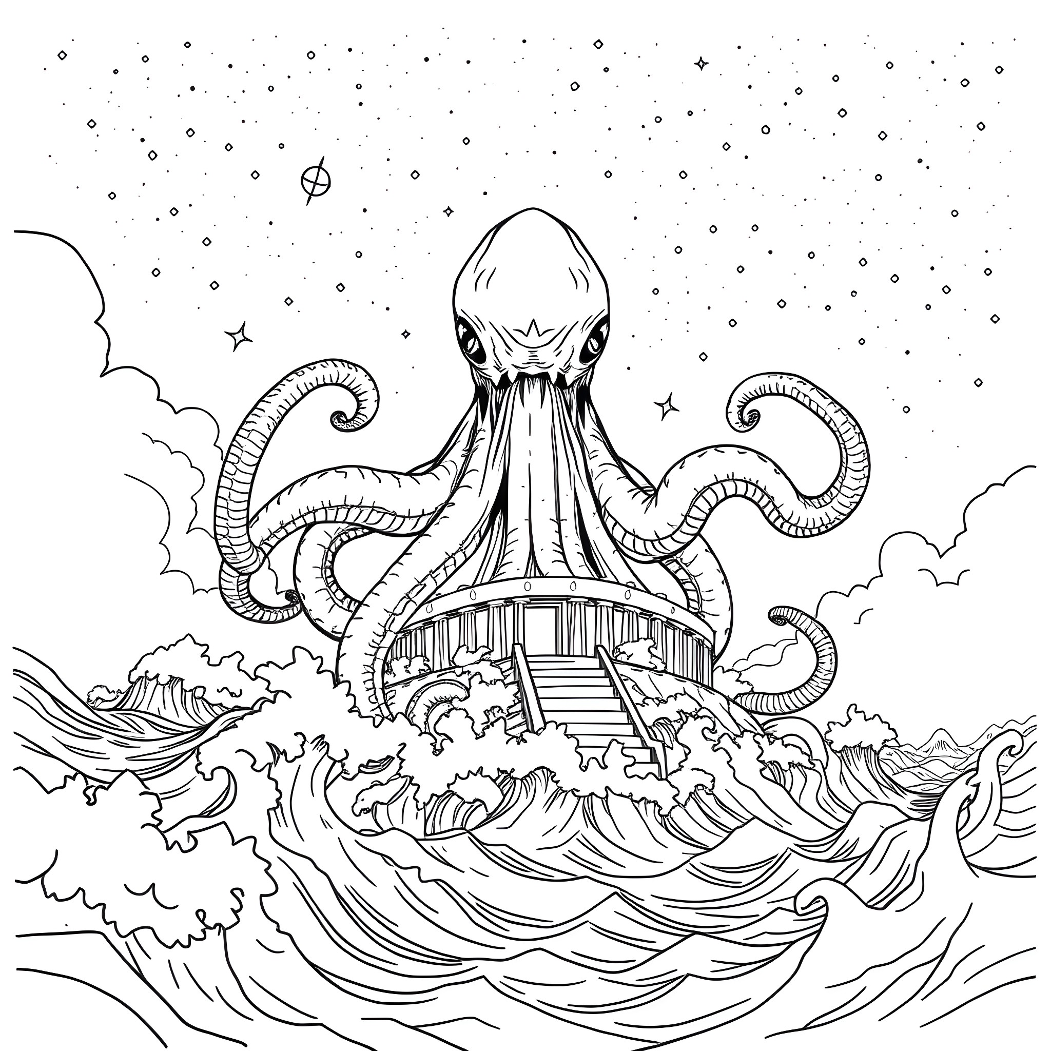 Cthulhu Emerging from the Cosmic Seas Coloring Page (free black-and-white line drawing printable PDF for all, from beginners to advanced learners, including children, teens, adults, and seniors)