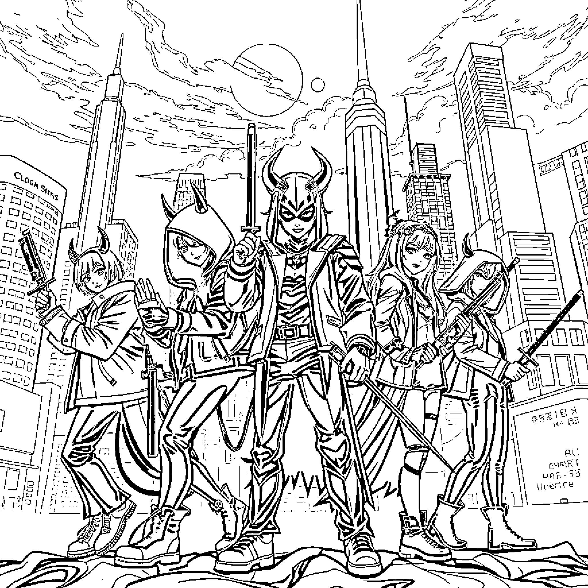 Kpop Demon Hunters Battling in the City Skyline Coloring Page (free black-and-white line drawing printable PDF for all, from beginners to advanced learners, including children, teens, adults, and seniors)